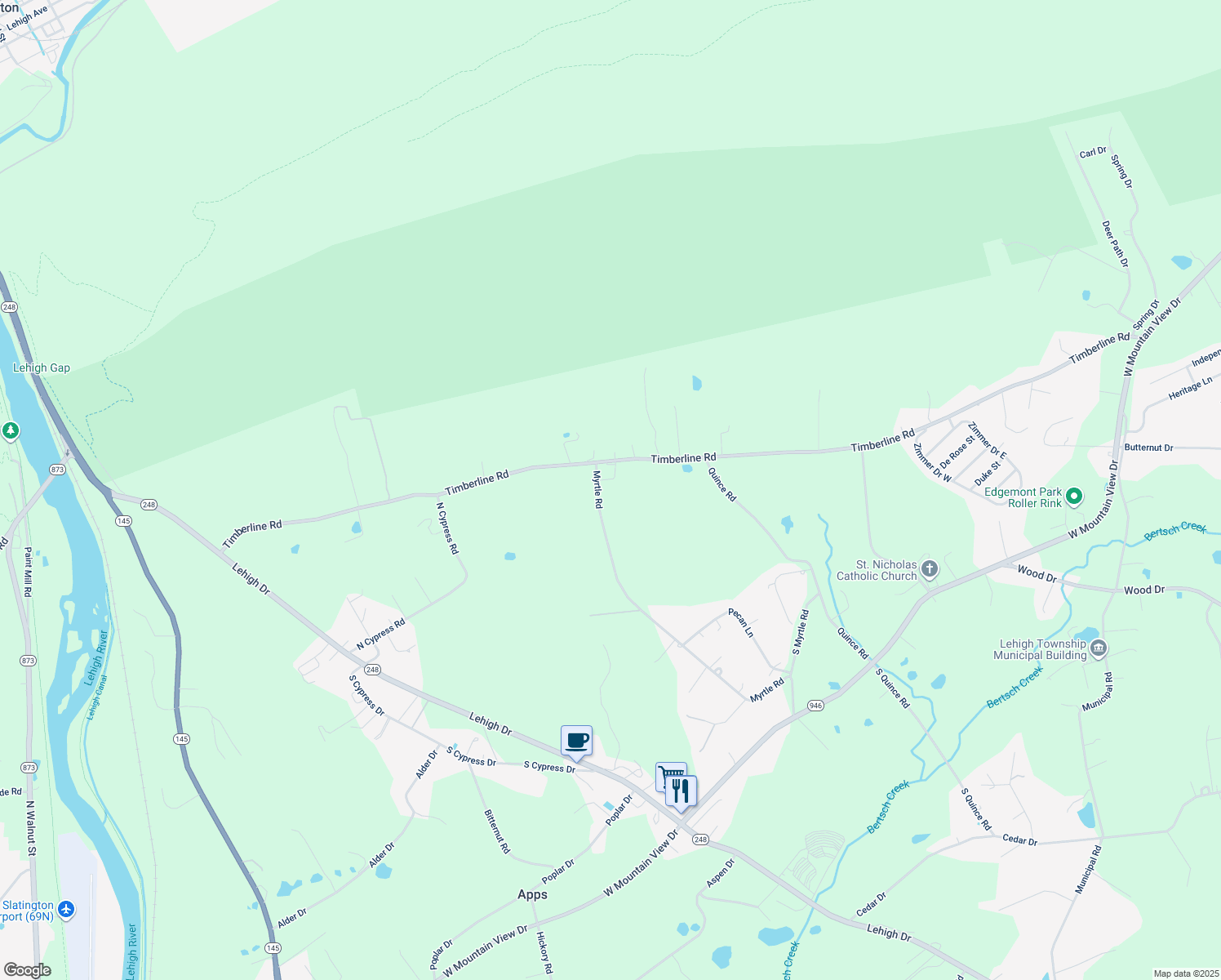 map of restaurants, bars, coffee shops, grocery stores, and more near 1254 Myrtle Rd in Walnutport