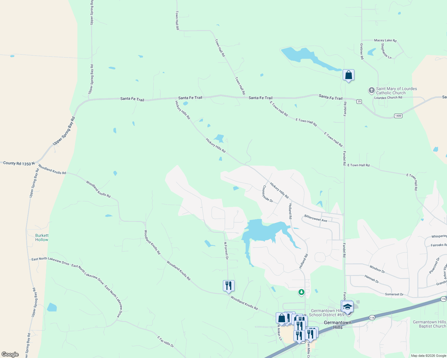 map of restaurants, bars, coffee shops, grocery stores, and more near 1004 Hickory Creek Court in Metamora