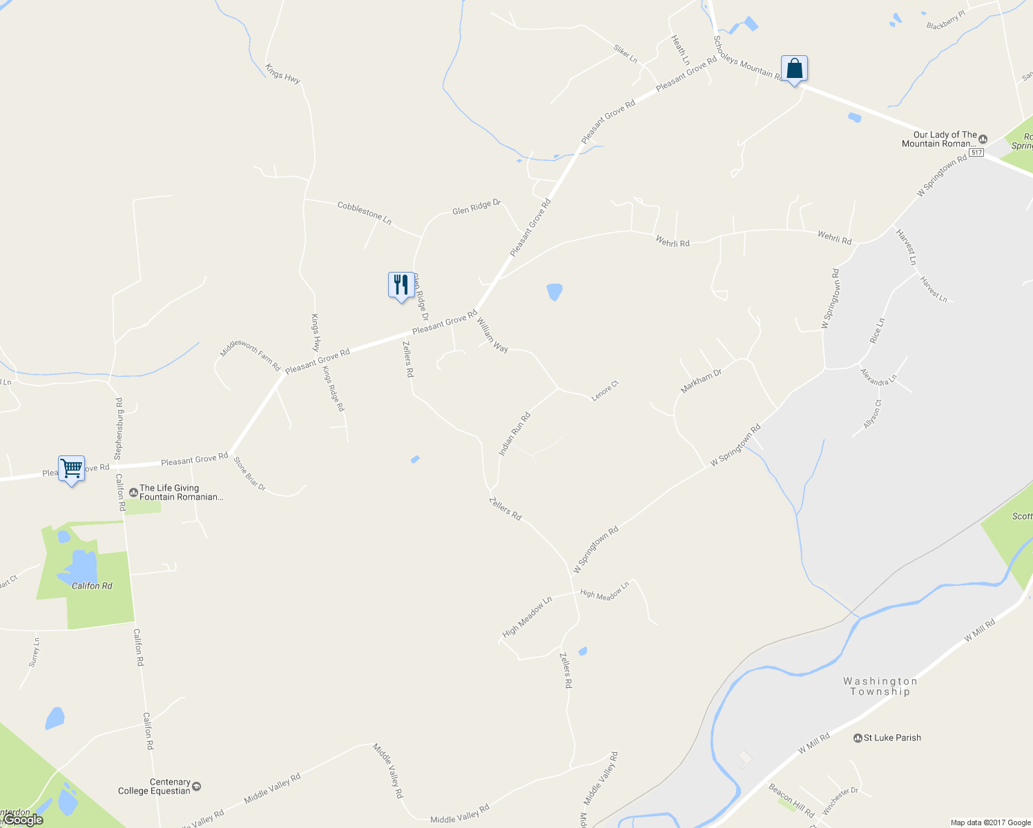 map of restaurants, bars, coffee shops, grocery stores, and more near 19 Indian Run Road in Washington Township