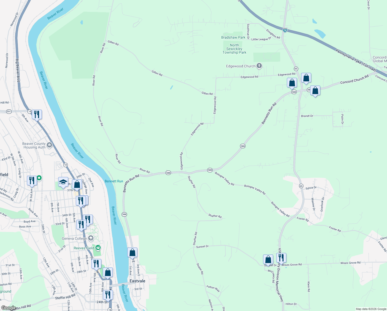 map of restaurants, bars, coffee shops, grocery stores, and more near 1557 Edgewood Rd in Beaver Falls