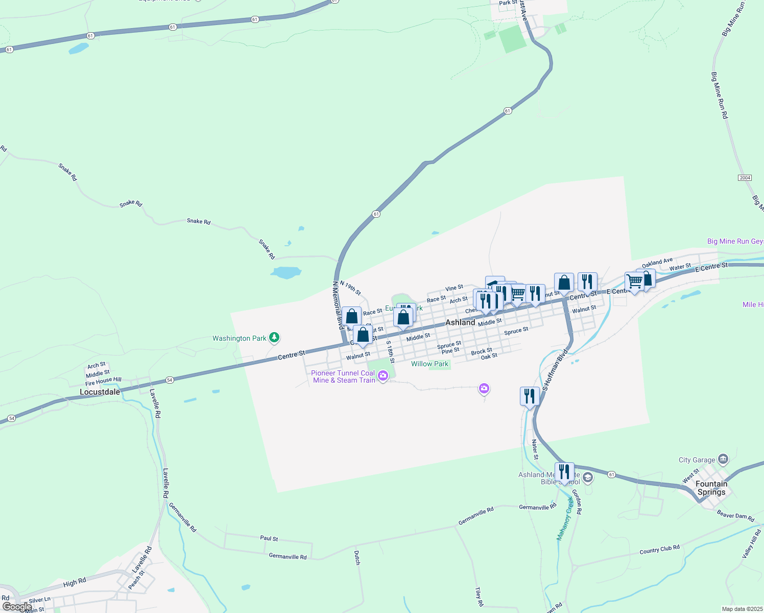 map of restaurants, bars, coffee shops, grocery stores, and more near 1739 Race Street in Ashland