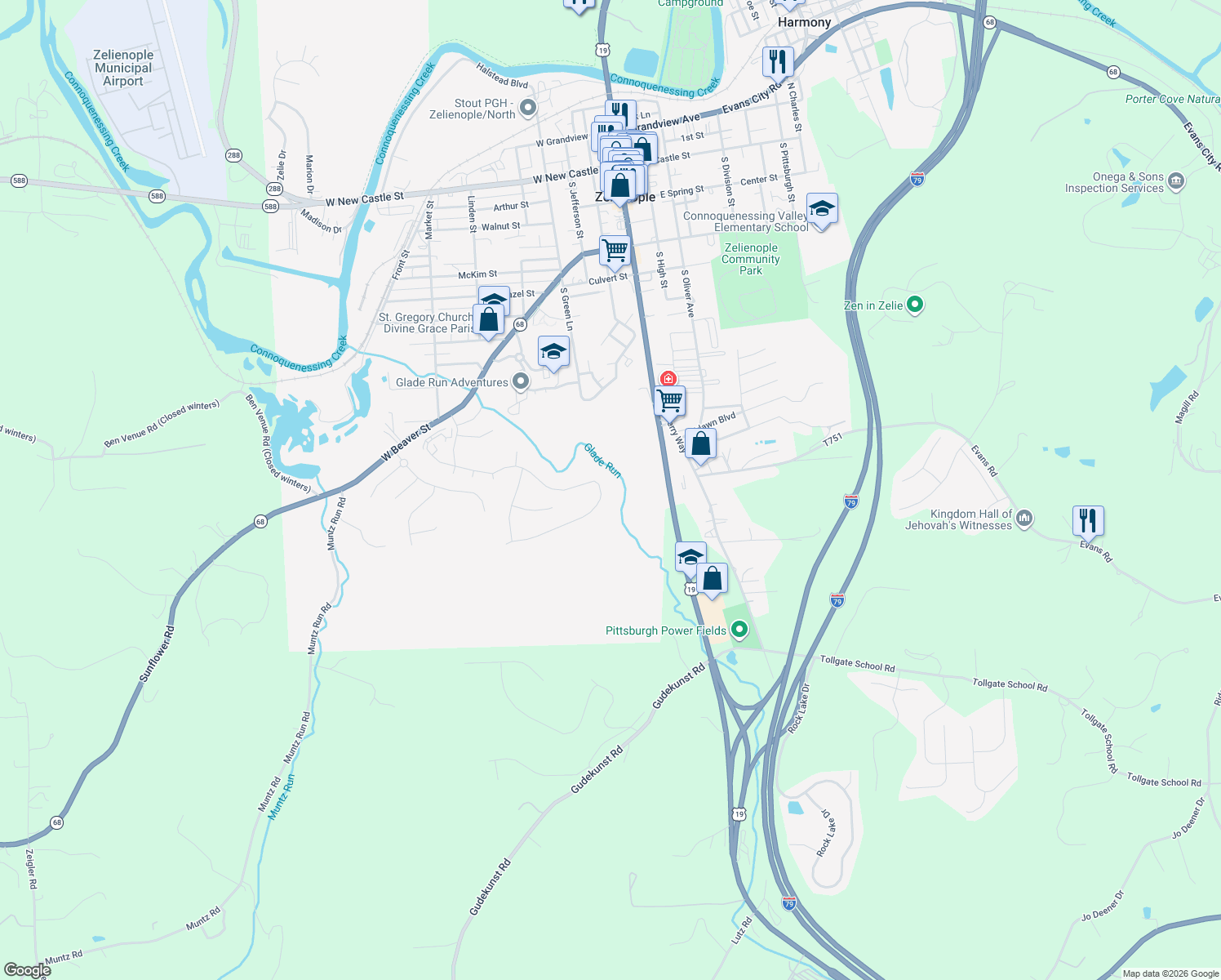 map of restaurants, bars, coffee shops, grocery stores, and more near 143 Oakdale Drive in Zelienople