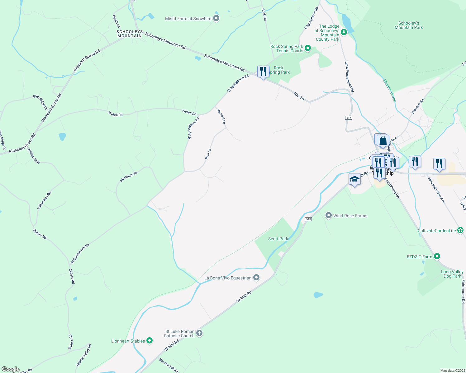 map of restaurants, bars, coffee shops, grocery stores, and more near 10 Alexandra Lane in Long Valley