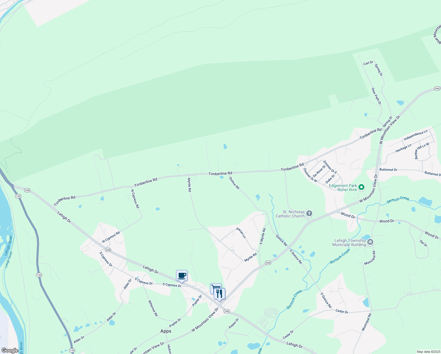 map of restaurants, bars, coffee shops, grocery stores, and more near 4563 Timberline Road in Walnutport