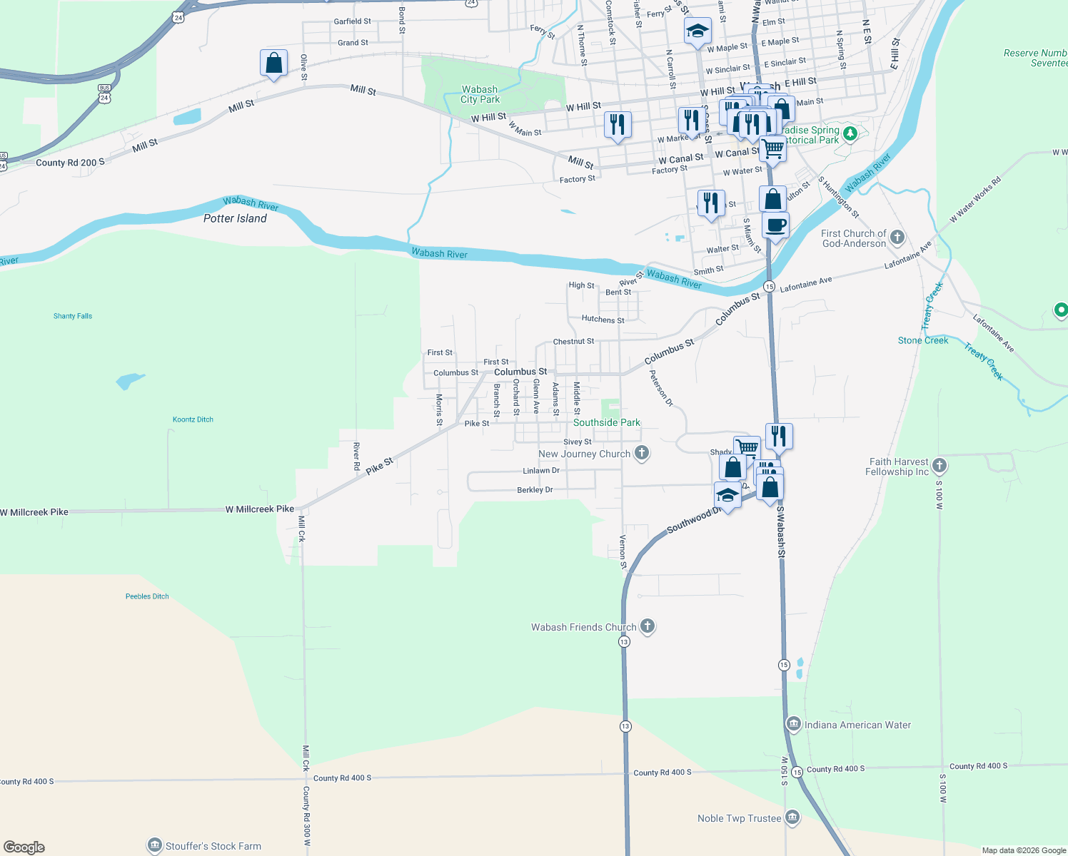 map of restaurants, bars, coffee shops, grocery stores, and more near 919 Pike Street in Wabash