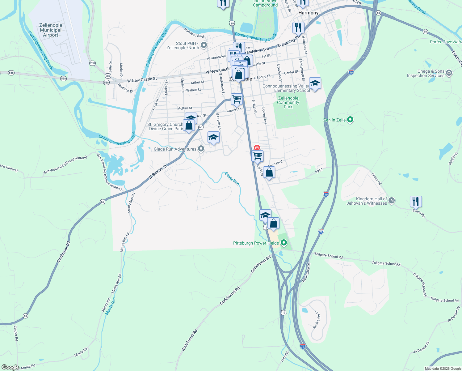 map of restaurants, bars, coffee shops, grocery stores, and more near 143 Oakdale Drive in Zelienople