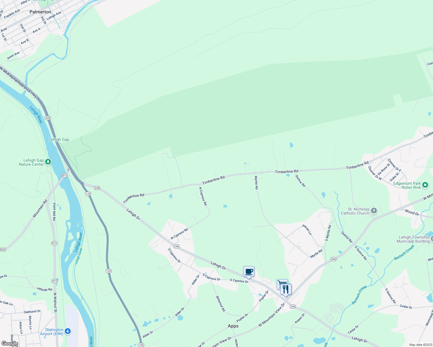 map of restaurants, bars, coffee shops, grocery stores, and more near 4694 Timberline Rd in Walnutport