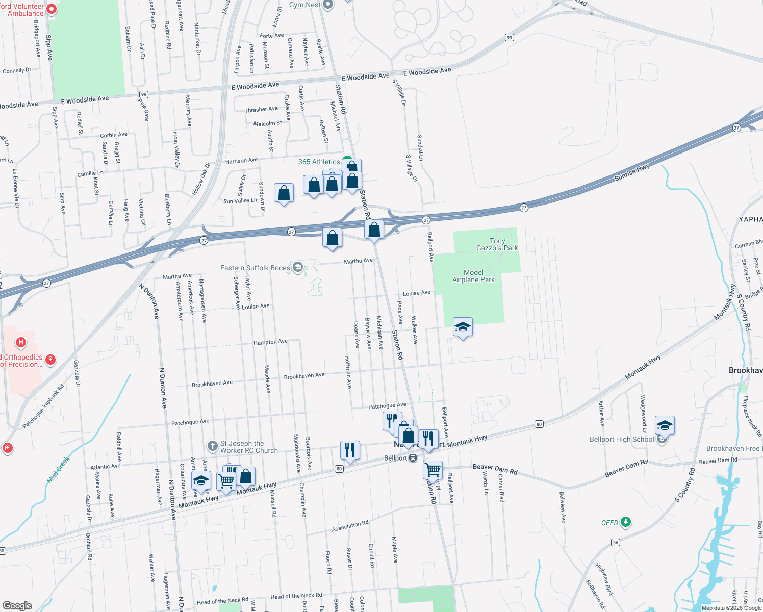 map of restaurants, bars, coffee shops, grocery stores, and more near 849 Michigan Ave in Bellport