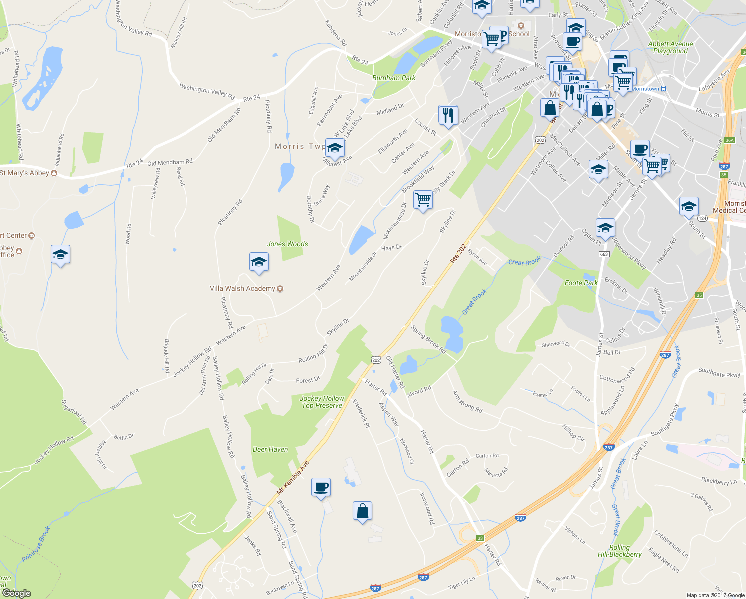 map of restaurants, bars, coffee shops, grocery stores, and more near 94 Skyline Drive in Morristown