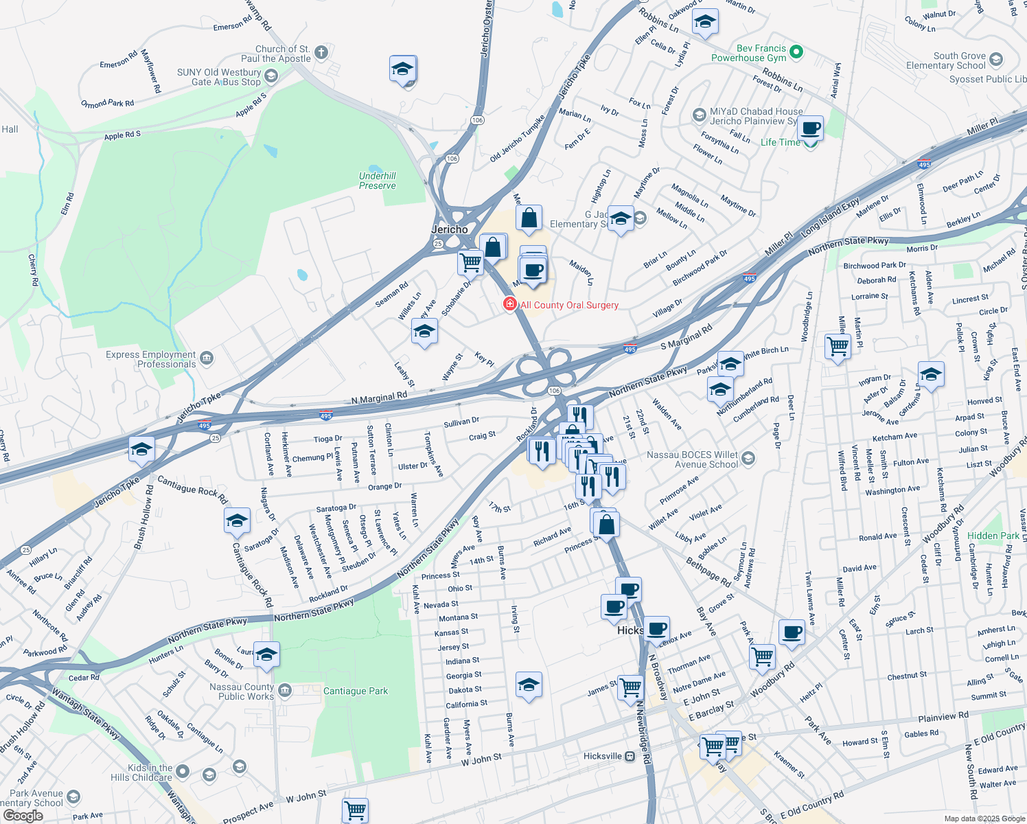 map of restaurants, bars, coffee shops, grocery stores, and more near 8 Sullivan Drive in Jericho