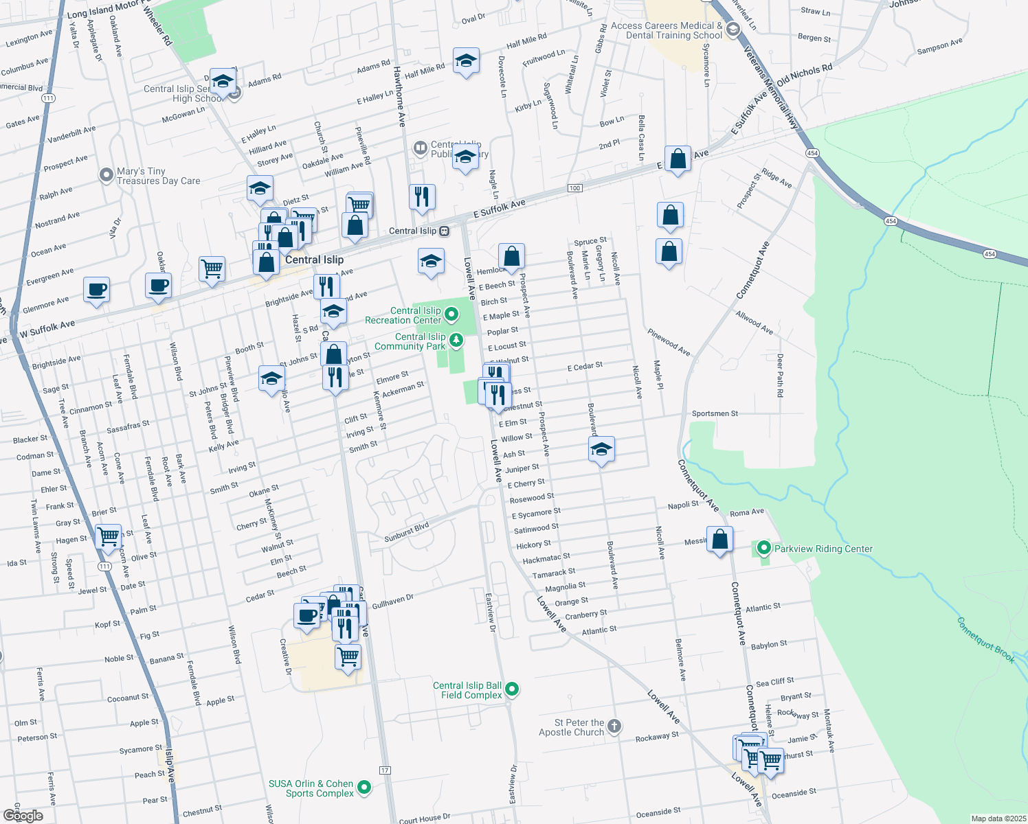 map of restaurants, bars, coffee shops, grocery stores, and more near 12 East Chestnut Street in Central Islip