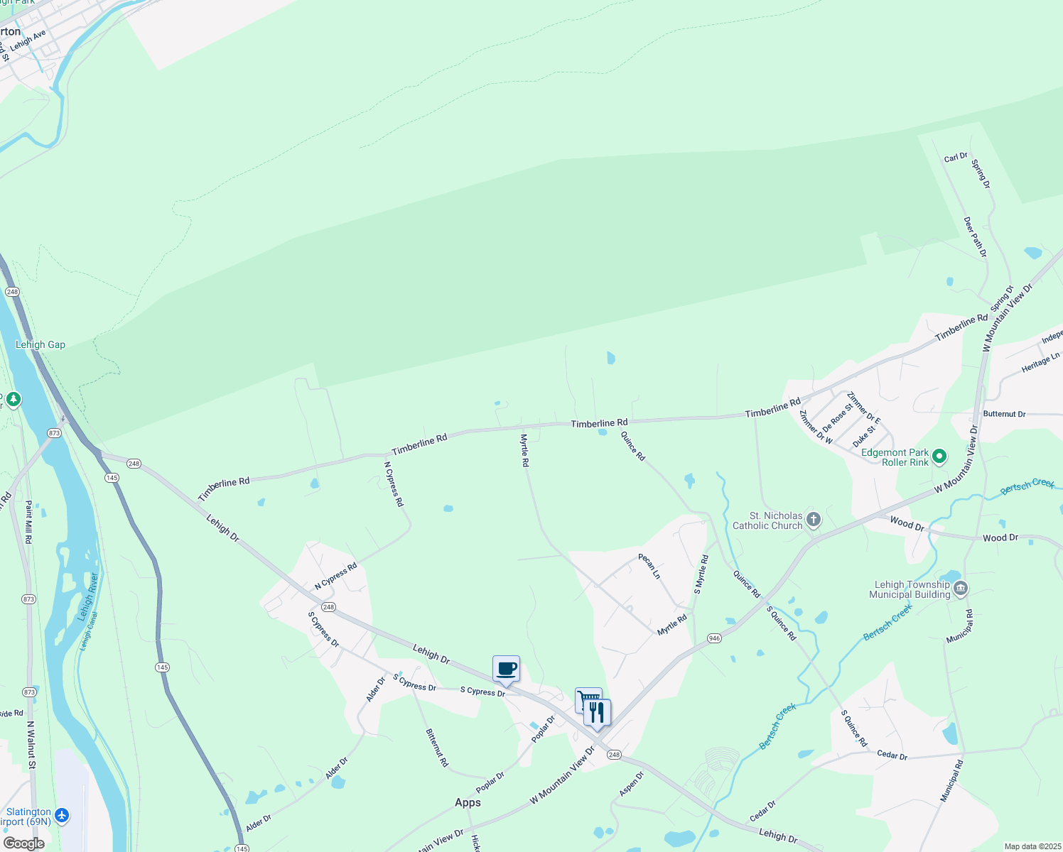 map of restaurants, bars, coffee shops, grocery stores, and more near 4613 Timberline Road in Walnutport