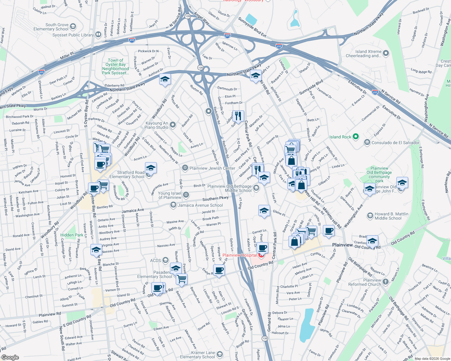 map of restaurants, bars, coffee shops, grocery stores, and more near 19 Wallace Drive in Plainview