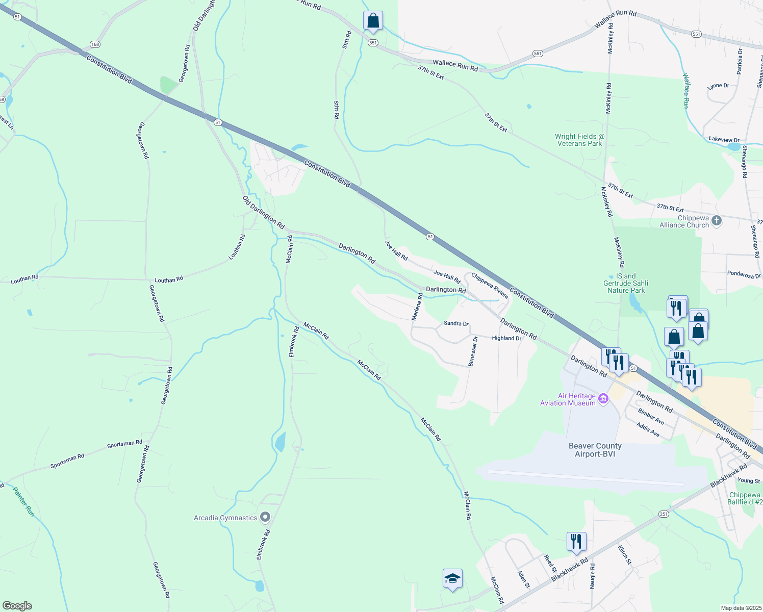 map of restaurants, bars, coffee shops, grocery stores, and more near 280 Highland Drive in Beaver Falls