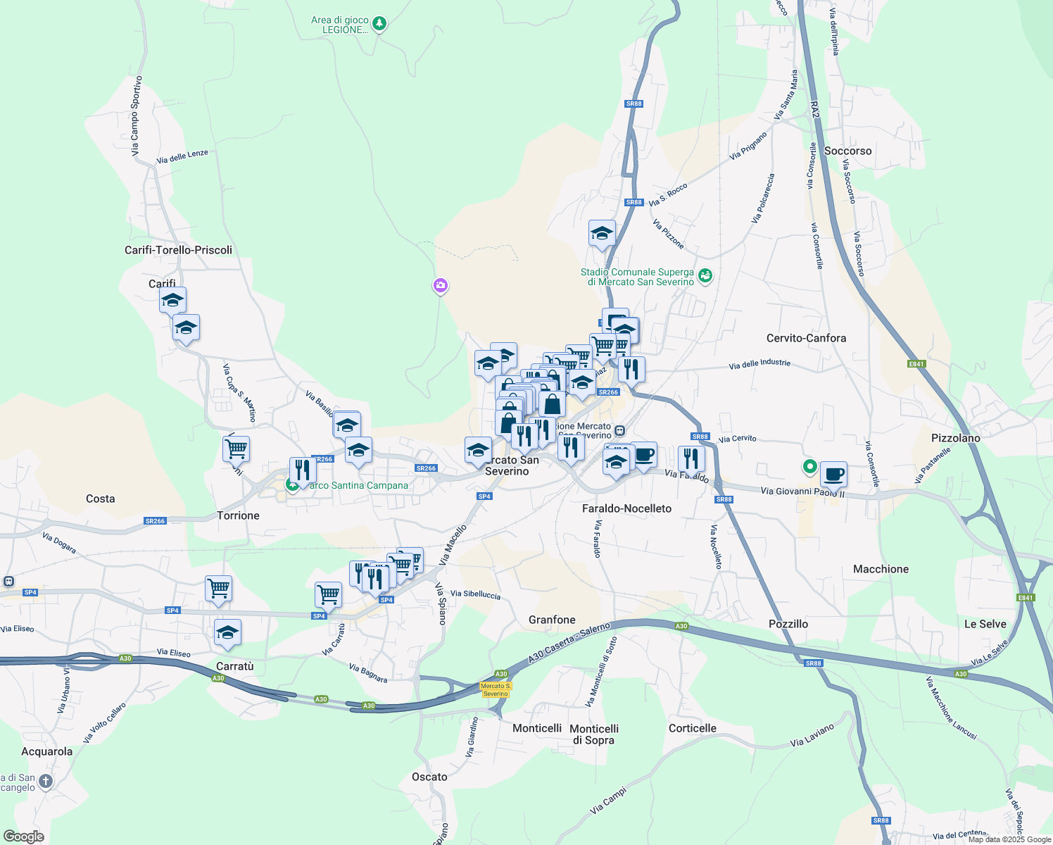 map of restaurants, bars, coffee shops, grocery stores, and more near 202 Corso Armando Diaz in Mercato San Severino
