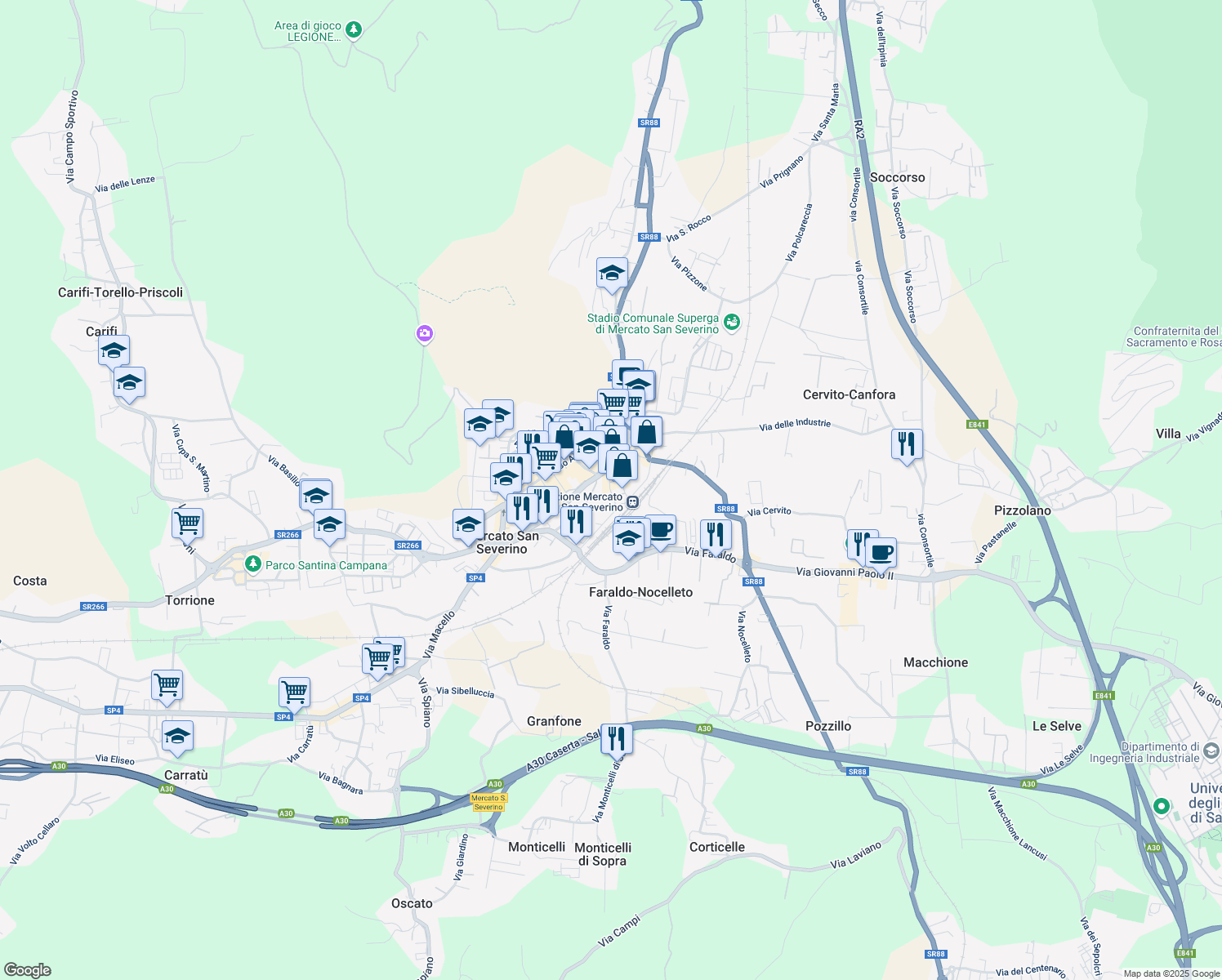 map of restaurants, bars, coffee shops, grocery stores, and more near 13 Via Ferrovia in Mercato San Severino