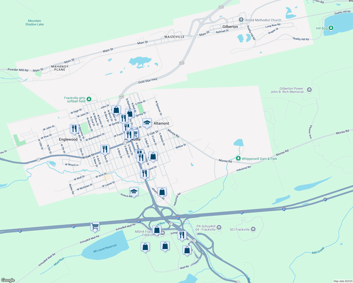 map of restaurants, bars, coffee shops, grocery stores, and more near 220 South Green Street in Frackville