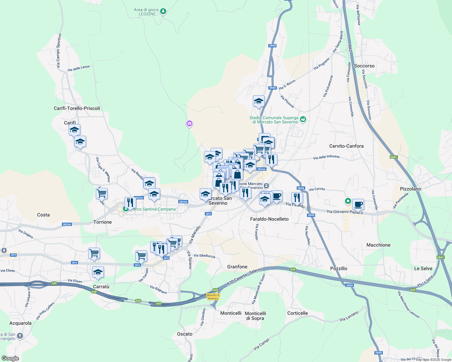 map of restaurants, bars, coffee shops, grocery stores, and more near 202 Corso Armando Diaz in Mercato San Severino