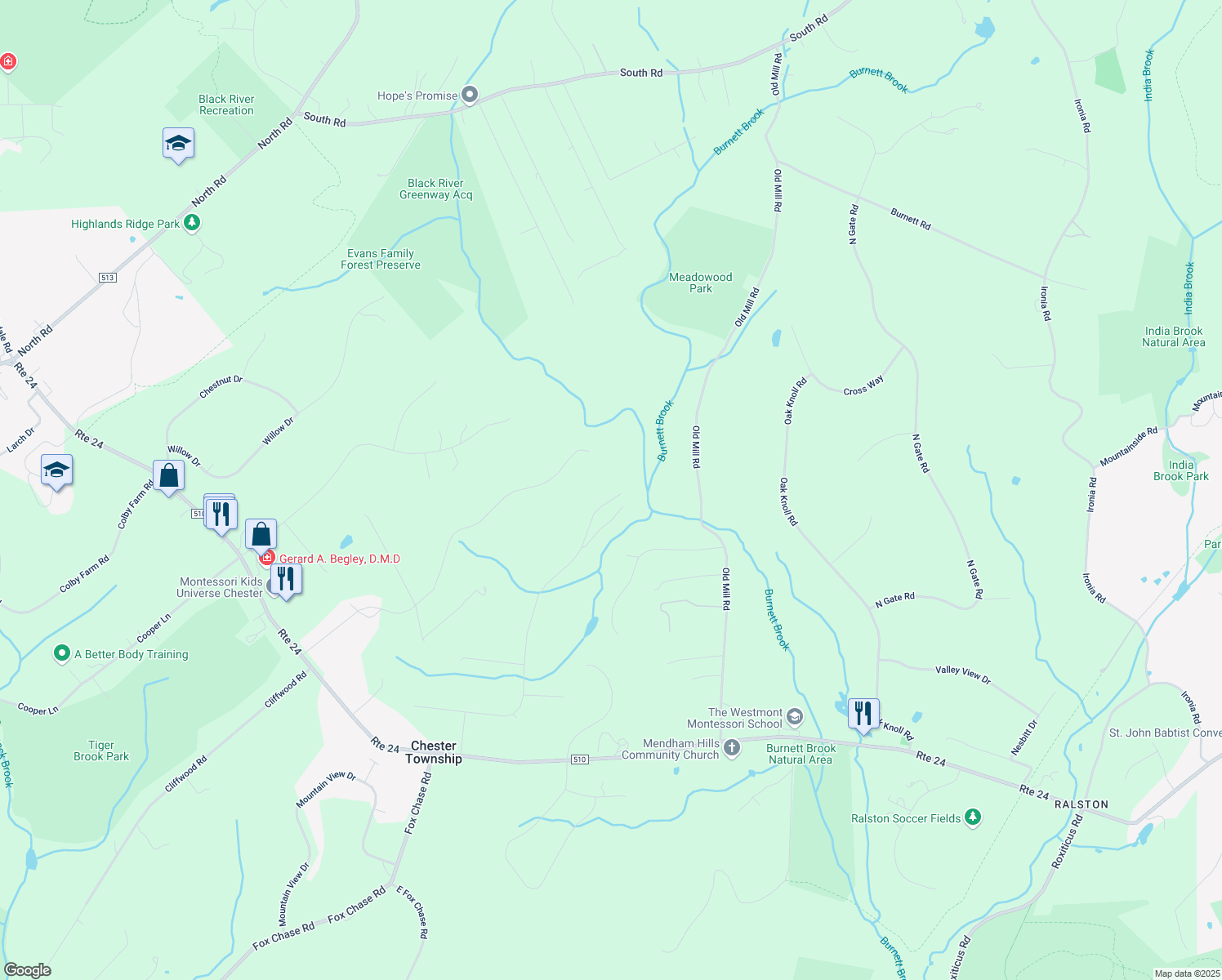map of restaurants, bars, coffee shops, grocery stores, and more near 47 Mile Drive in Chester
