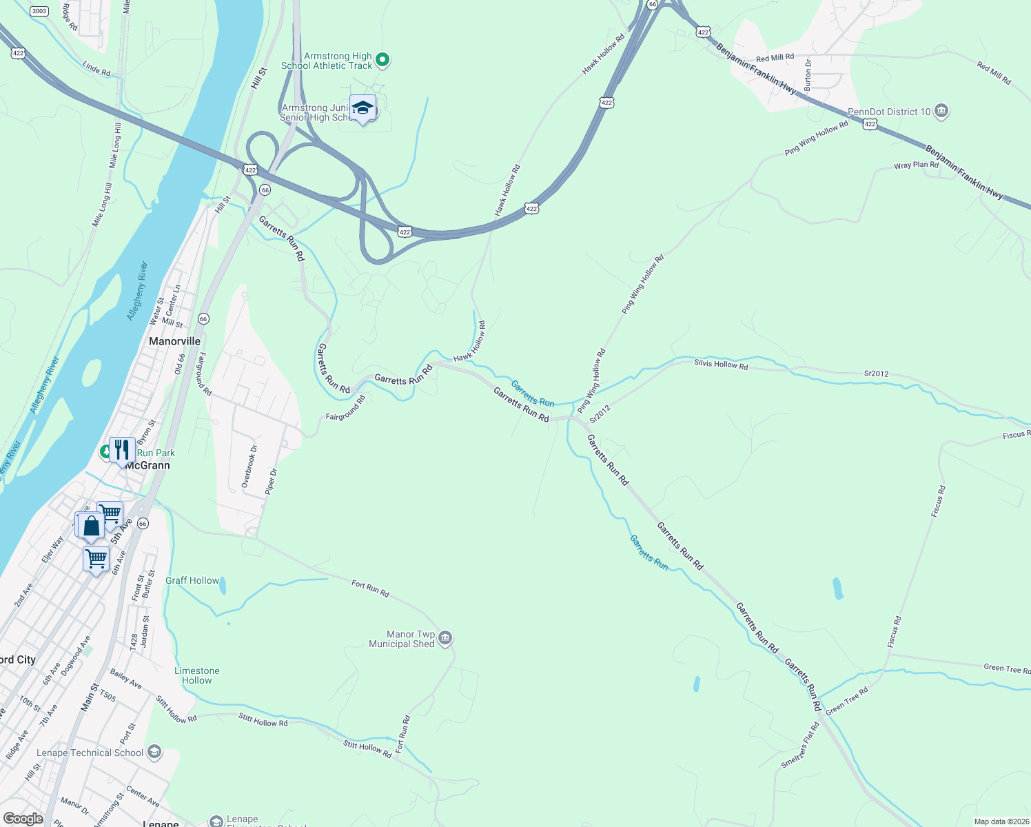 map of restaurants, bars, coffee shops, grocery stores, and more near 396 Garretts Run Road in Kittanning