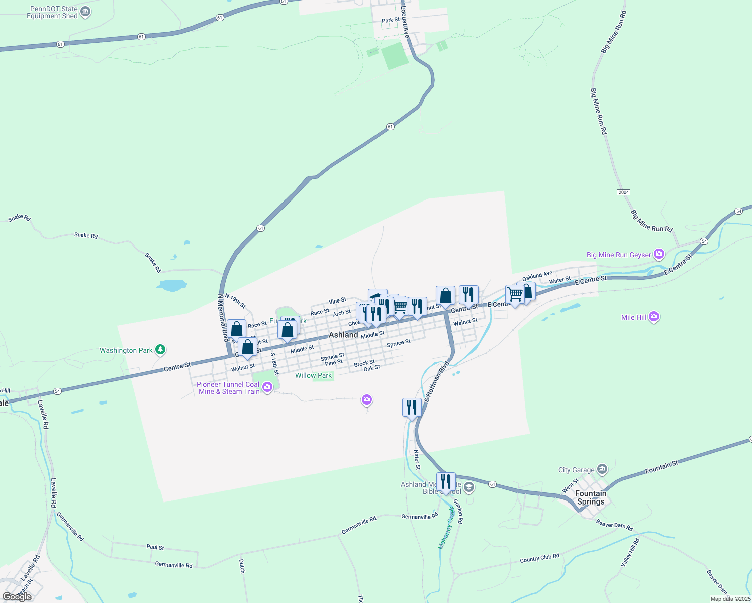 map of restaurants, bars, coffee shops, grocery stores, and more near 215 North 9th Street in Ashland