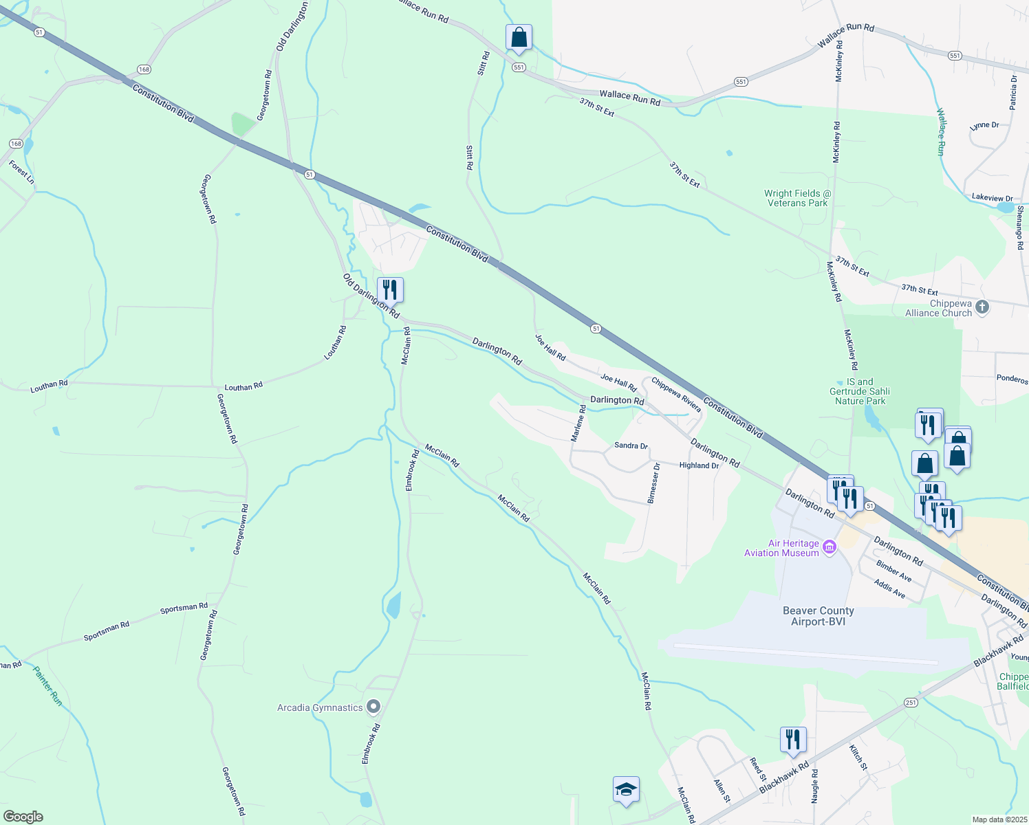 map of restaurants, bars, coffee shops, grocery stores, and more near 280 Highland Drive in Beaver Falls