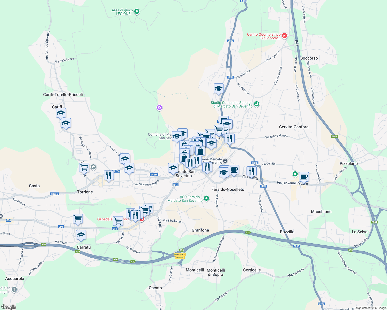 map of restaurants, bars, coffee shops, grocery stores, and more near 202 Corso Armando Diaz in Mercato San Severino
