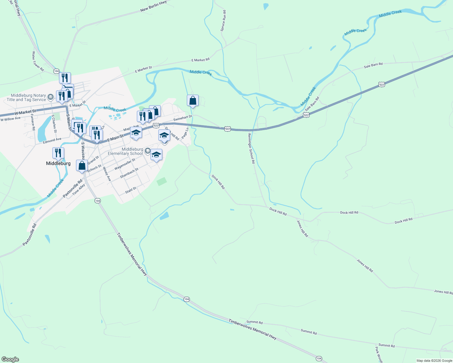 map of restaurants, bars, coffee shops, grocery stores, and more near 147 Dock Hill Road in Middleburg