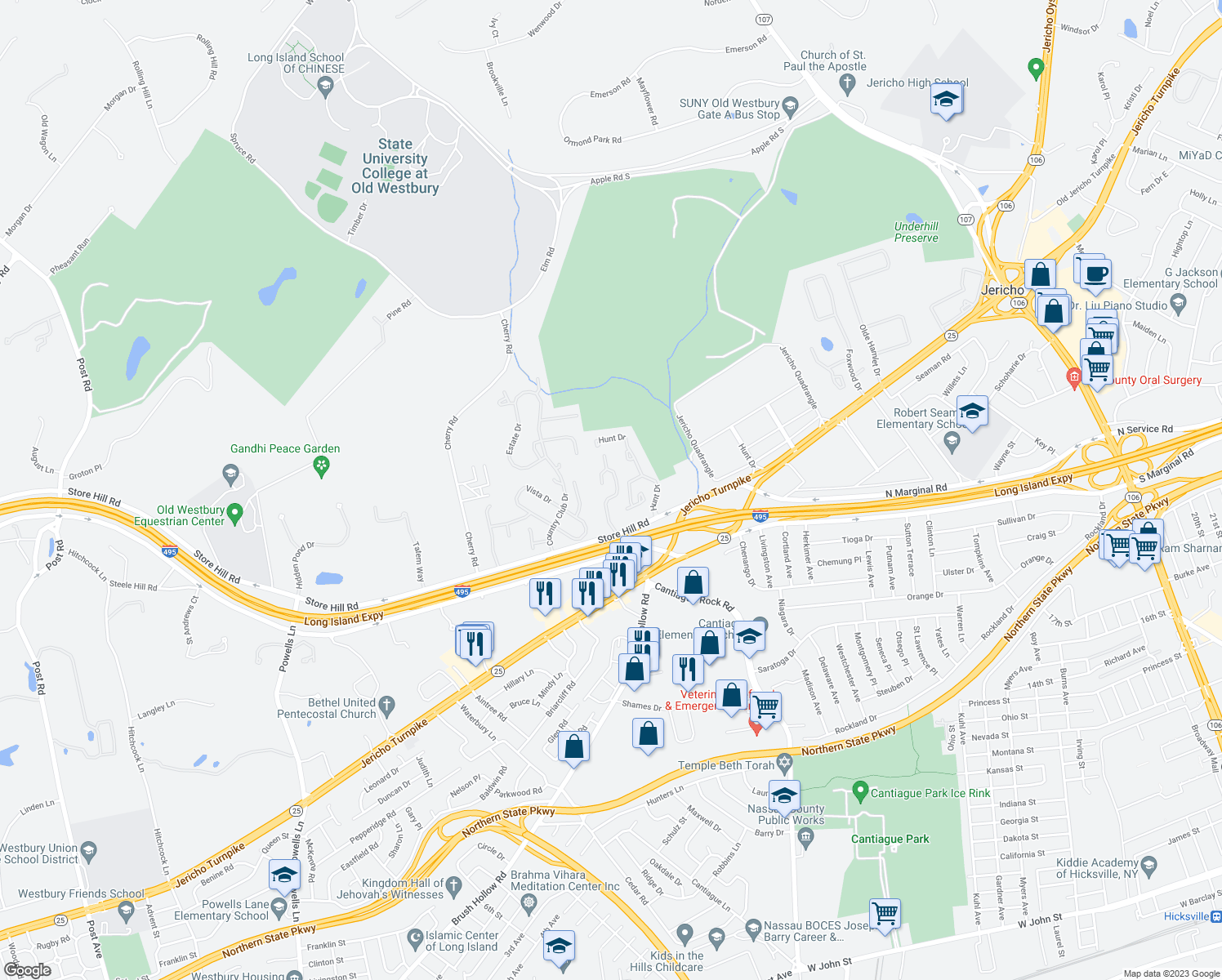 map of restaurants, bars, coffee shops, grocery stores, and more near 44 Maple Run Drive in Jericho