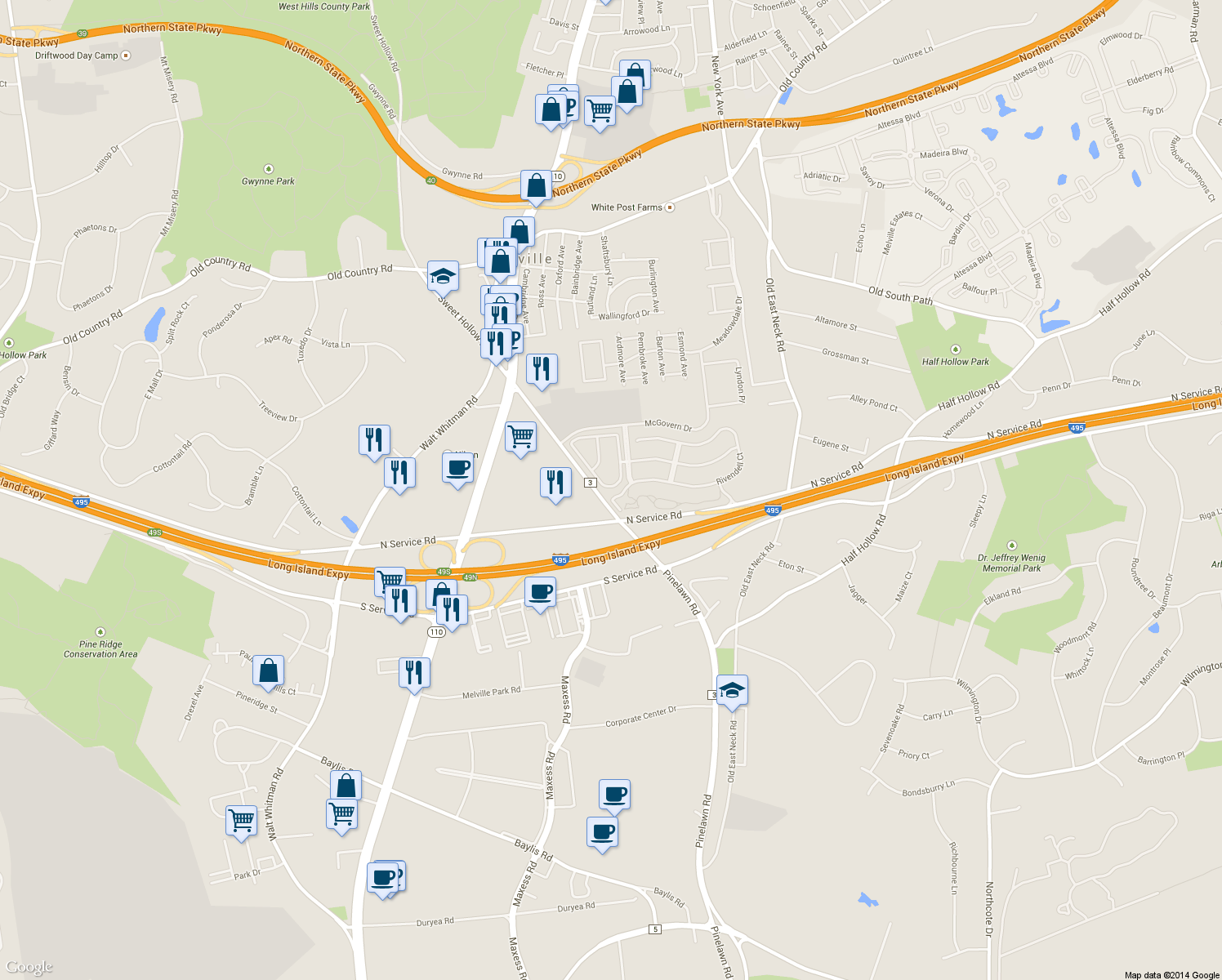 map of restaurants, bars, coffee shops, grocery stores, and more near 161 Brattle Circle in Melville