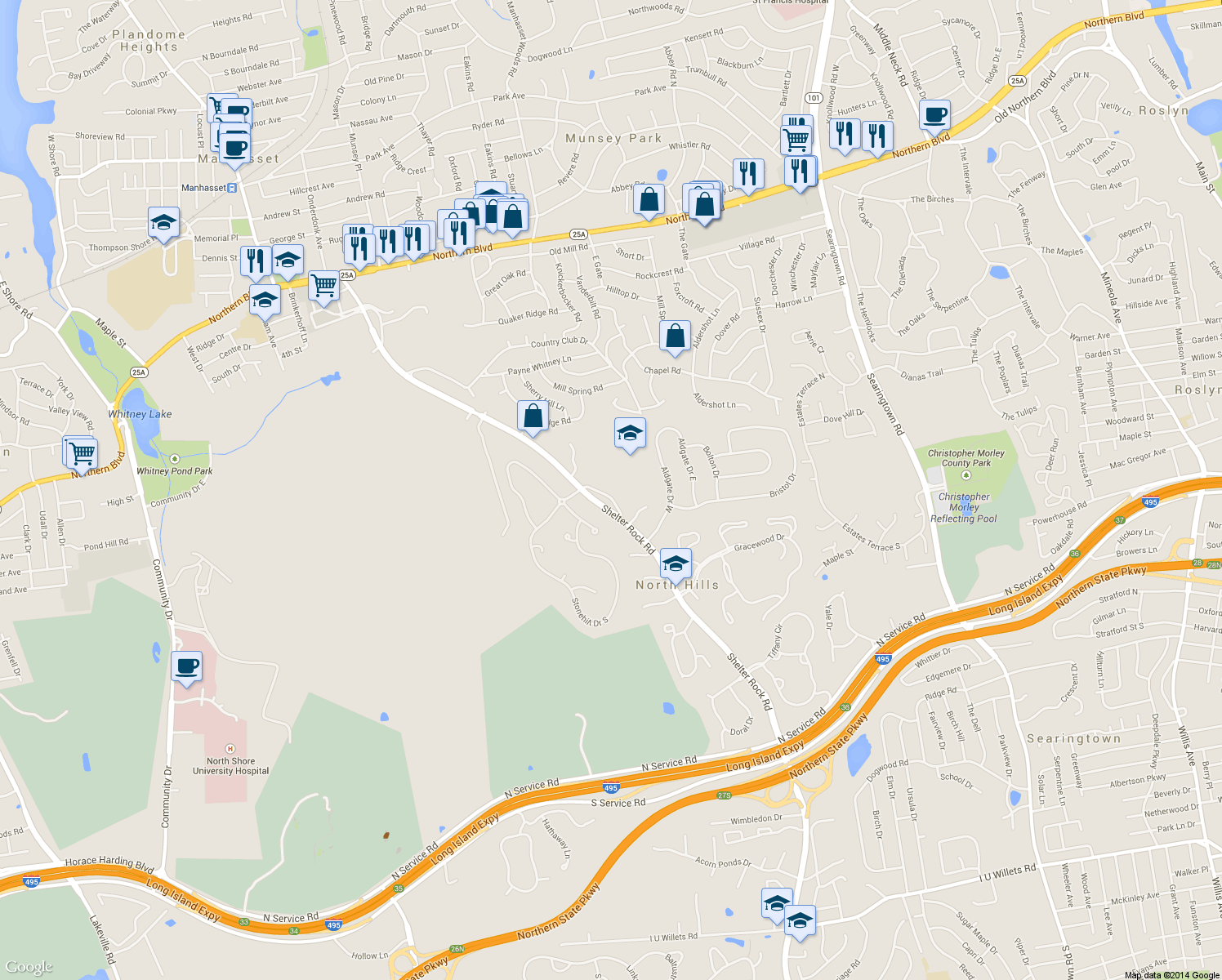 map of restaurants, bars, coffee shops, grocery stores, and more near 27A Shelter Rock Road in Manhasset