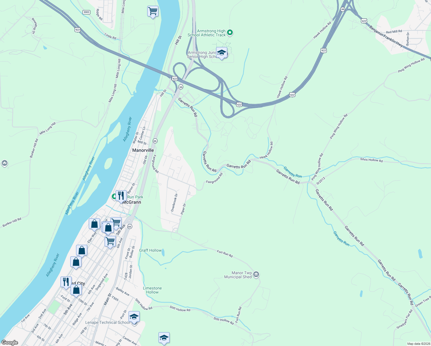 map of restaurants, bars, coffee shops, grocery stores, and more near 315 Fairground Road in Kittanning
