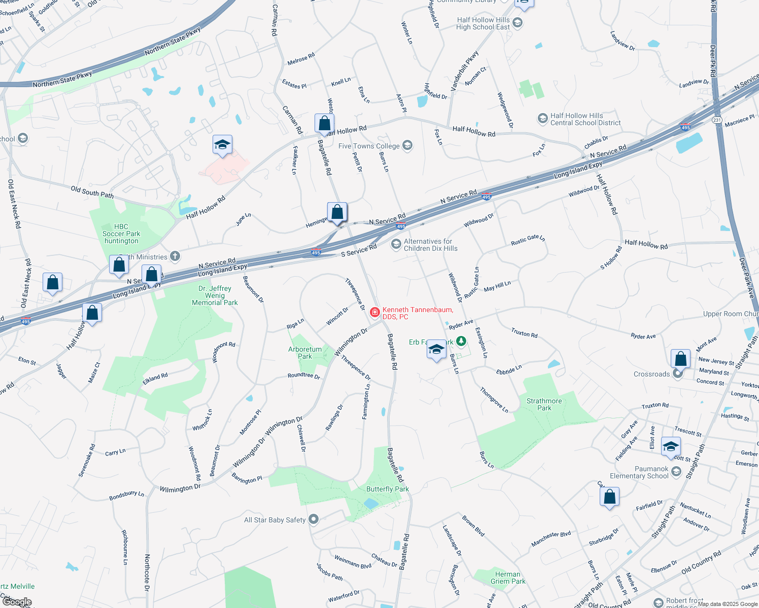 map of restaurants, bars, coffee shops, grocery stores, and more near 60 Dix Hills Drive in Melville