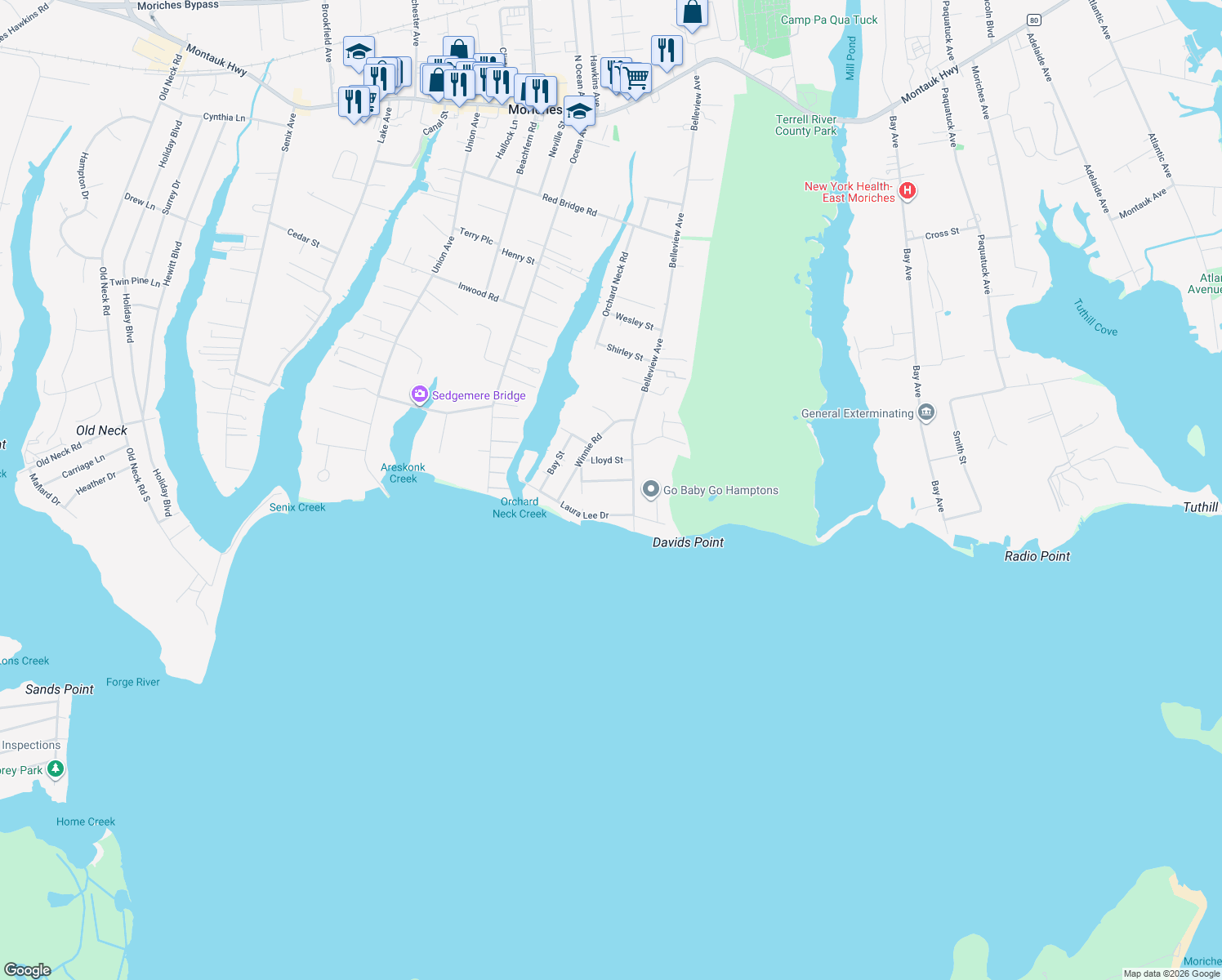map of restaurants, bars, coffee shops, grocery stores, and more near 6 Sinnickson Road in Center Moriches