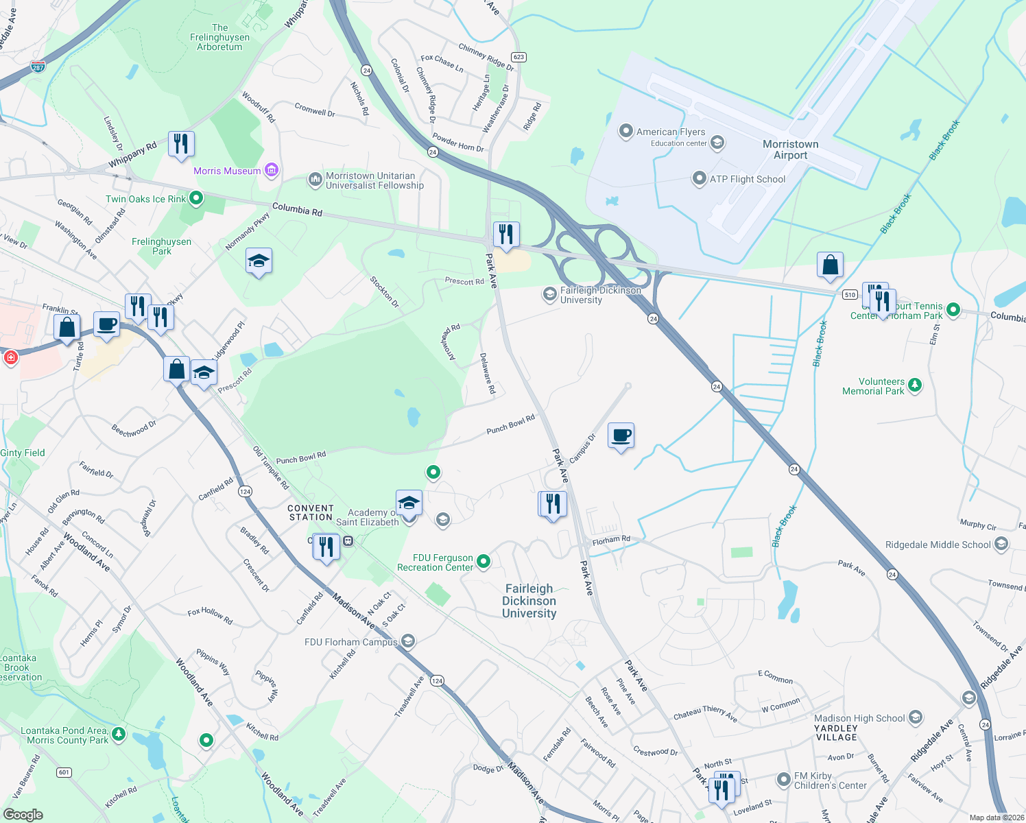 map of restaurants, bars, coffee shops, grocery stores, and more near 4 Punch Bowl Road in Morristown