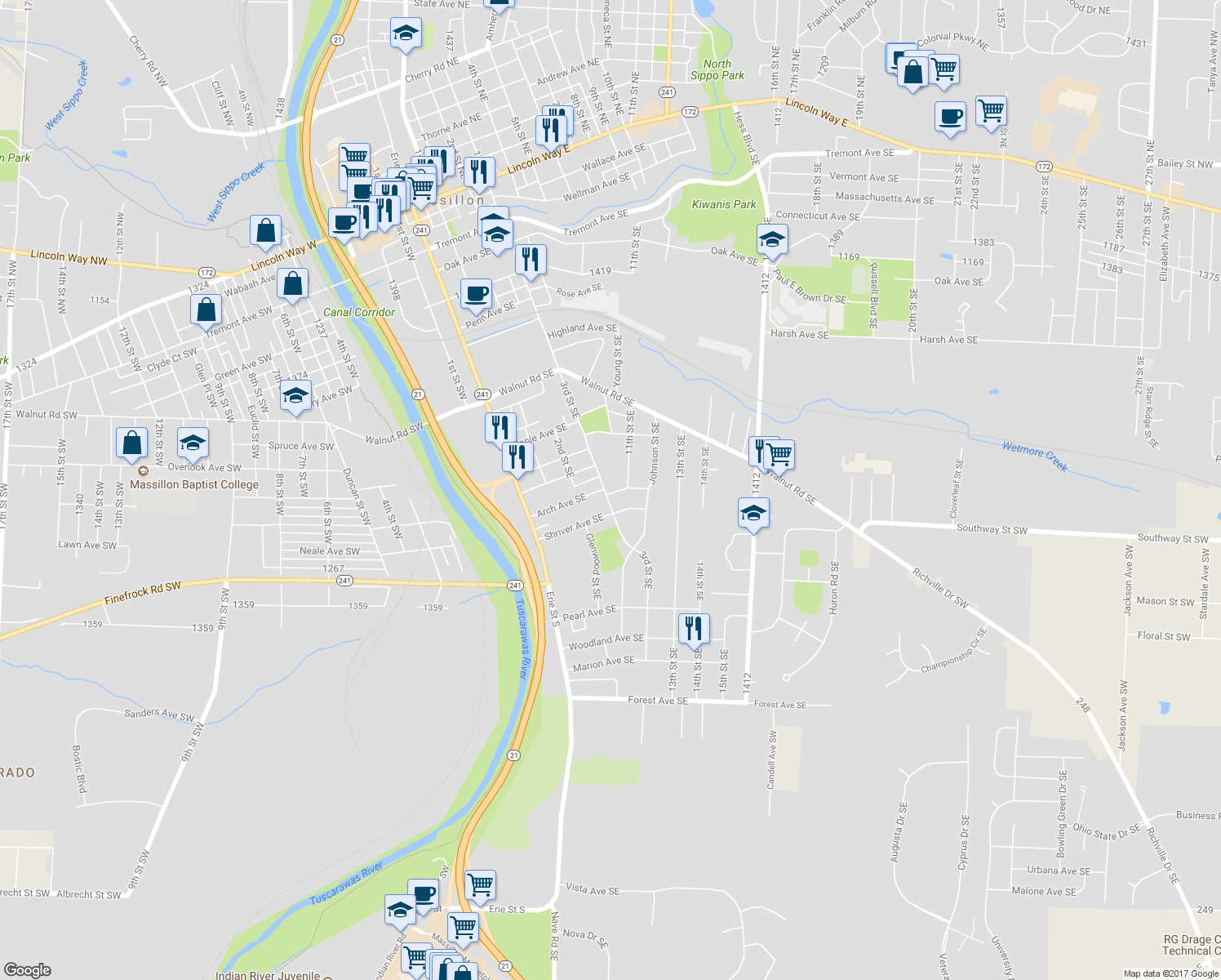 map of restaurants, bars, coffee shops, grocery stores, and more near 1040 3rd Street Southeast in Massillon