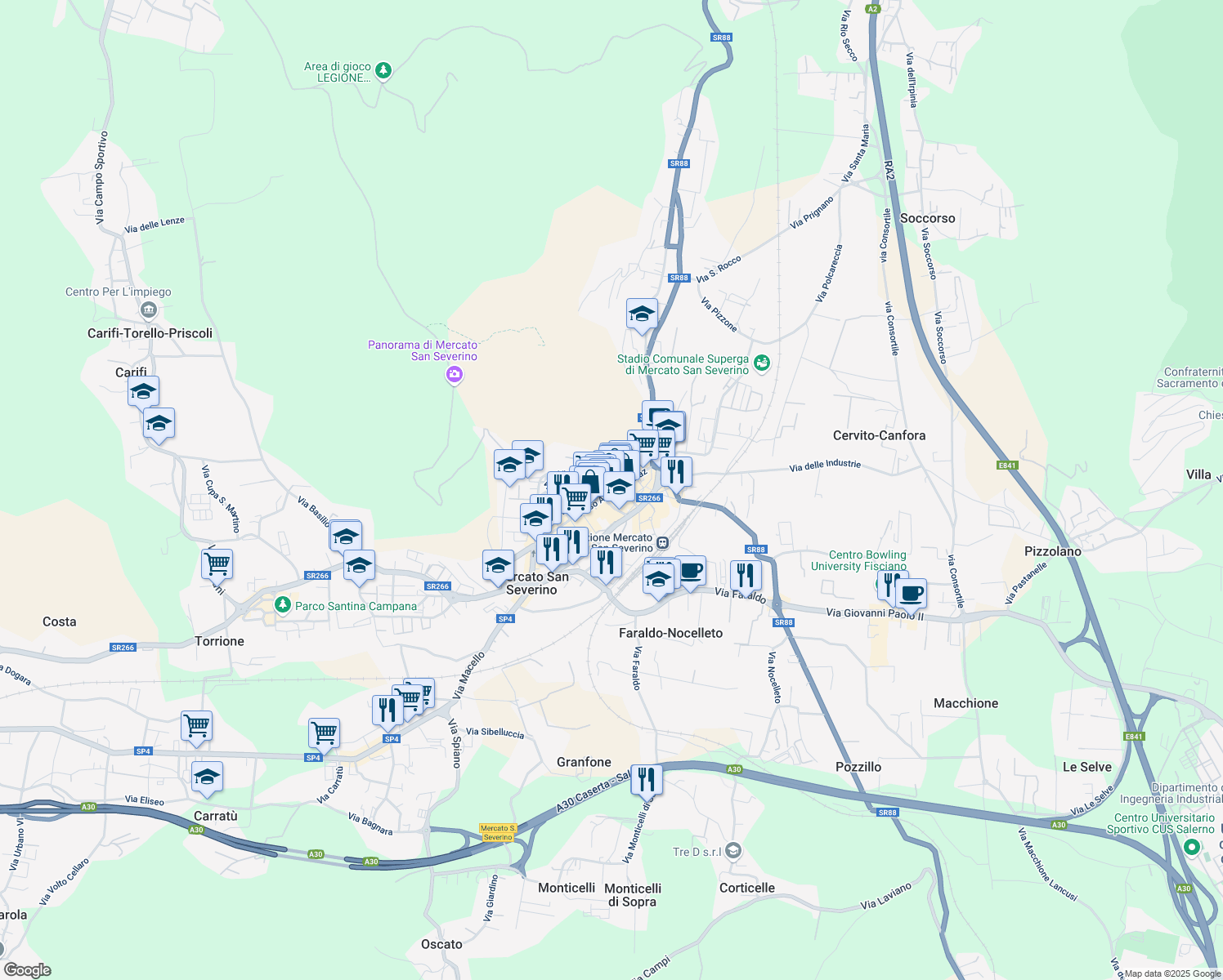 map of restaurants, bars, coffee shops, grocery stores, and more near 1-3 Piazza XX Settembre in Mercato San Severino