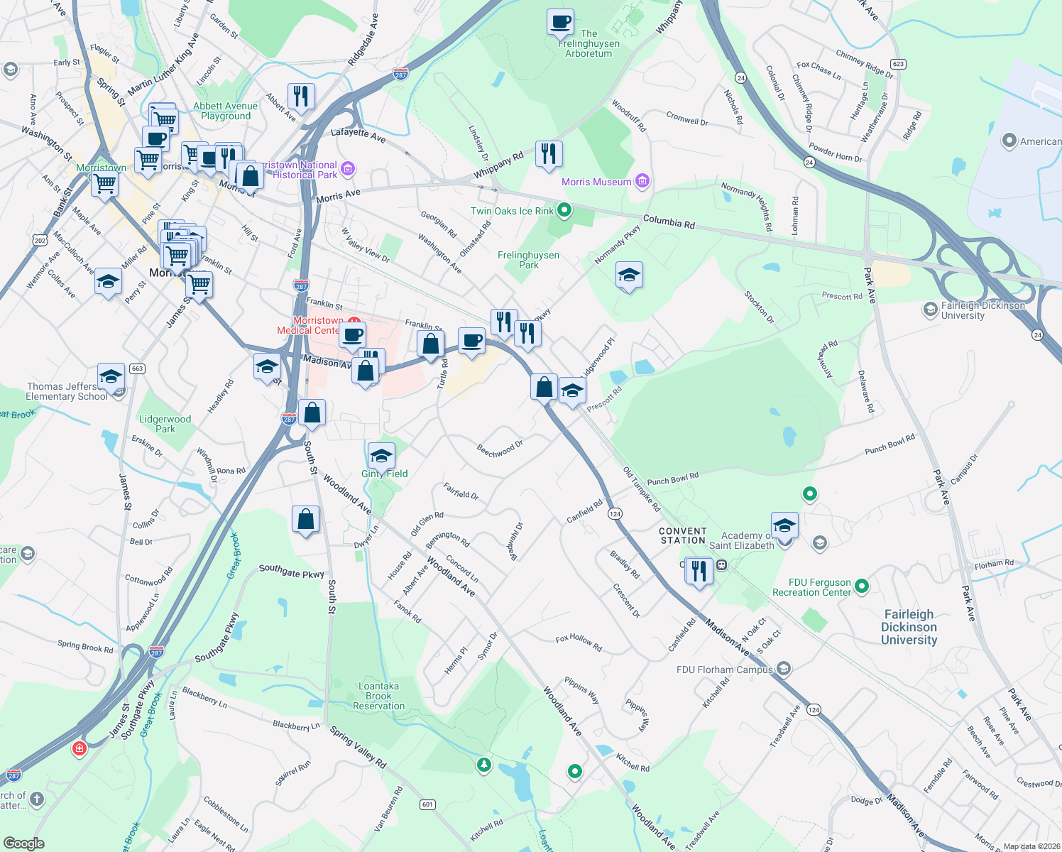 map of restaurants, bars, coffee shops, grocery stores, and more near 415 Pitney Place in Morristown