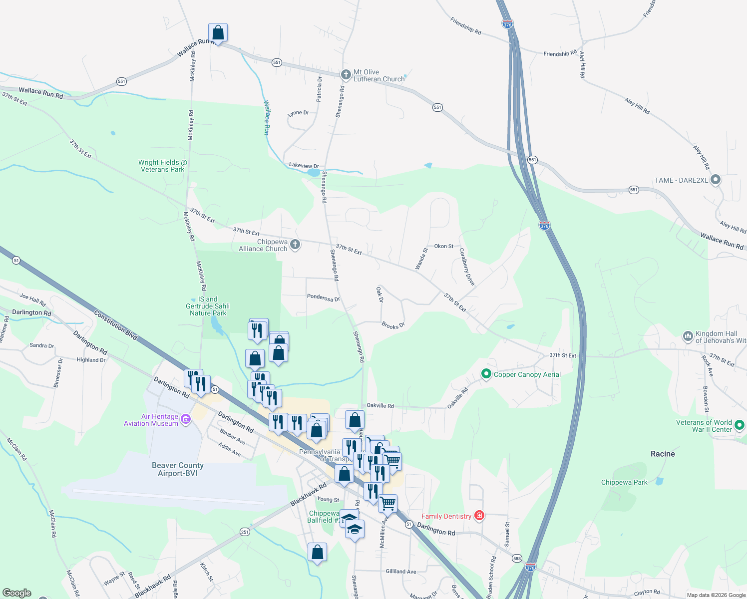 map of restaurants, bars, coffee shops, grocery stores, and more near 121 Oak Drive in Beaver Falls