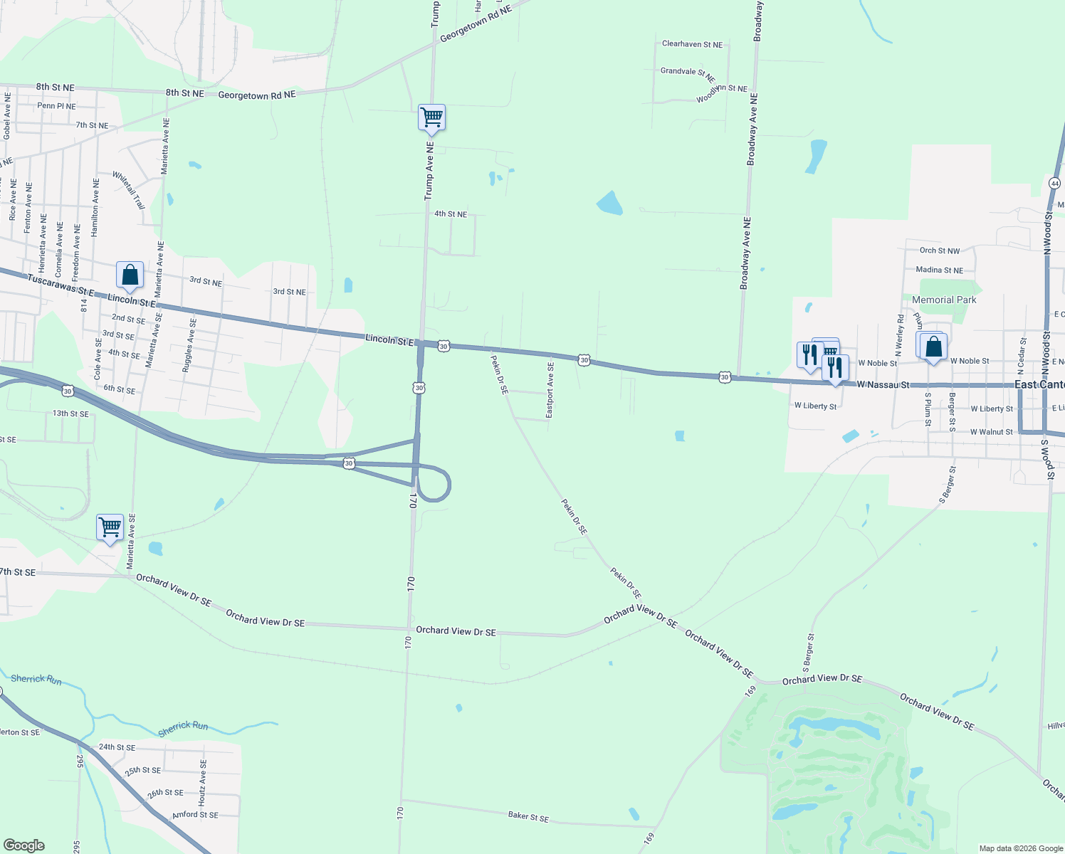 map of restaurants, bars, coffee shops, grocery stores, and more near 4420 Shale Street Southeast in East Canton