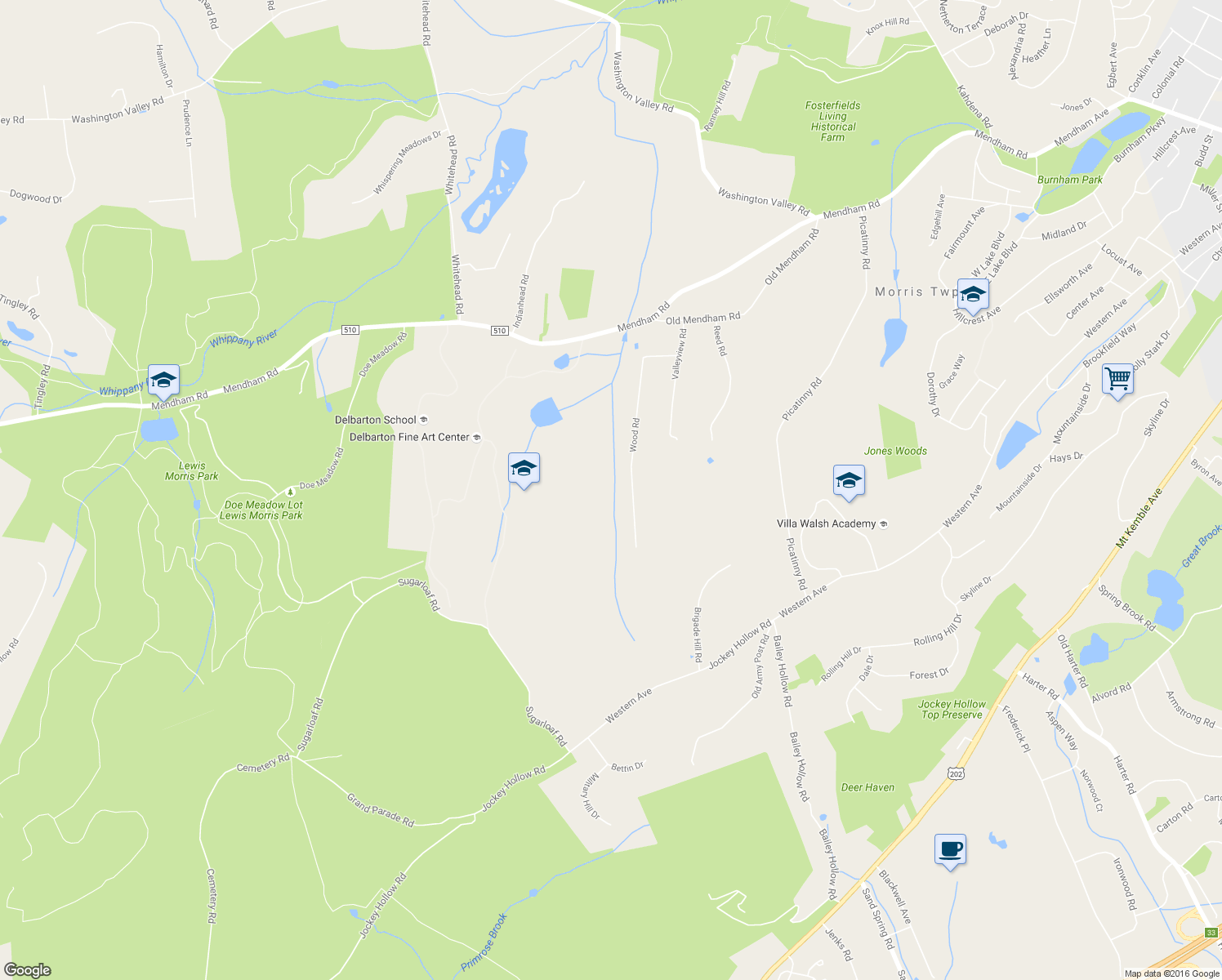 map of restaurants, bars, coffee shops, grocery stores, and more near 32 Wood Road in Morristown