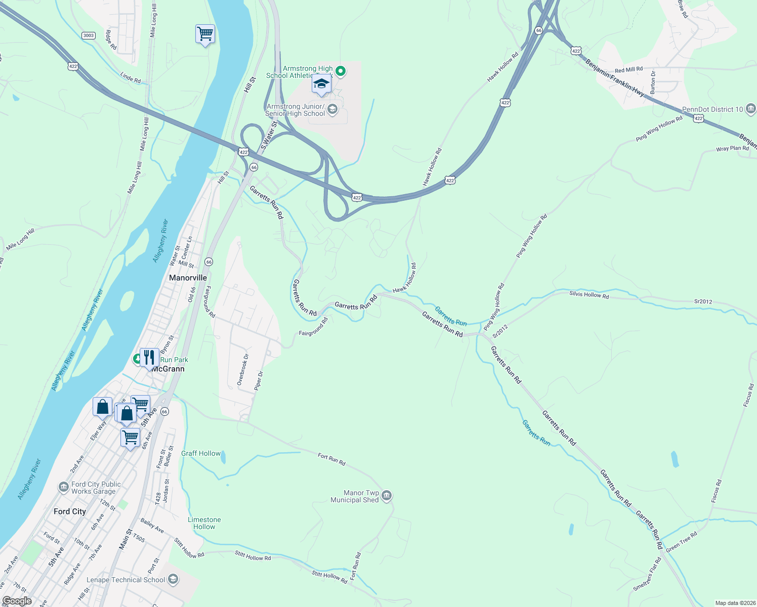 map of restaurants, bars, coffee shops, grocery stores, and more near 322 Garretts Run Road in Kittanning