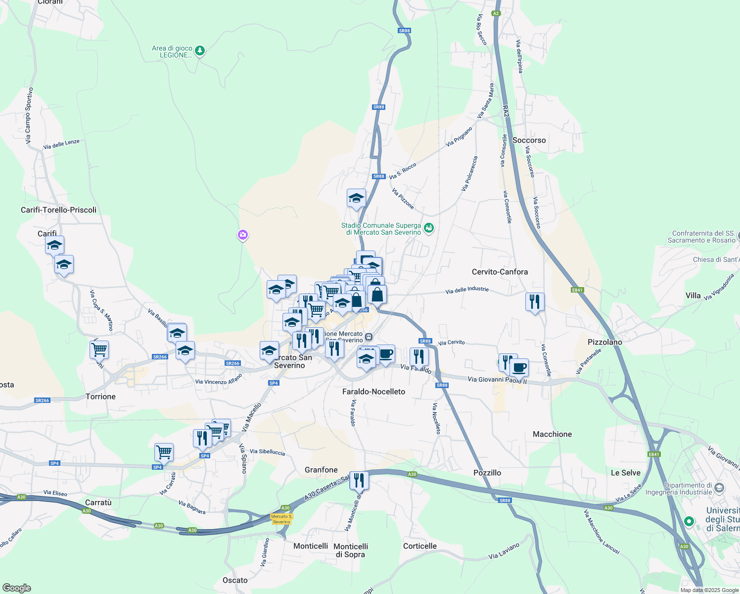 map of restaurants, bars, coffee shops, grocery stores, and more near 22 Piazza Dante in Mercato San Severino