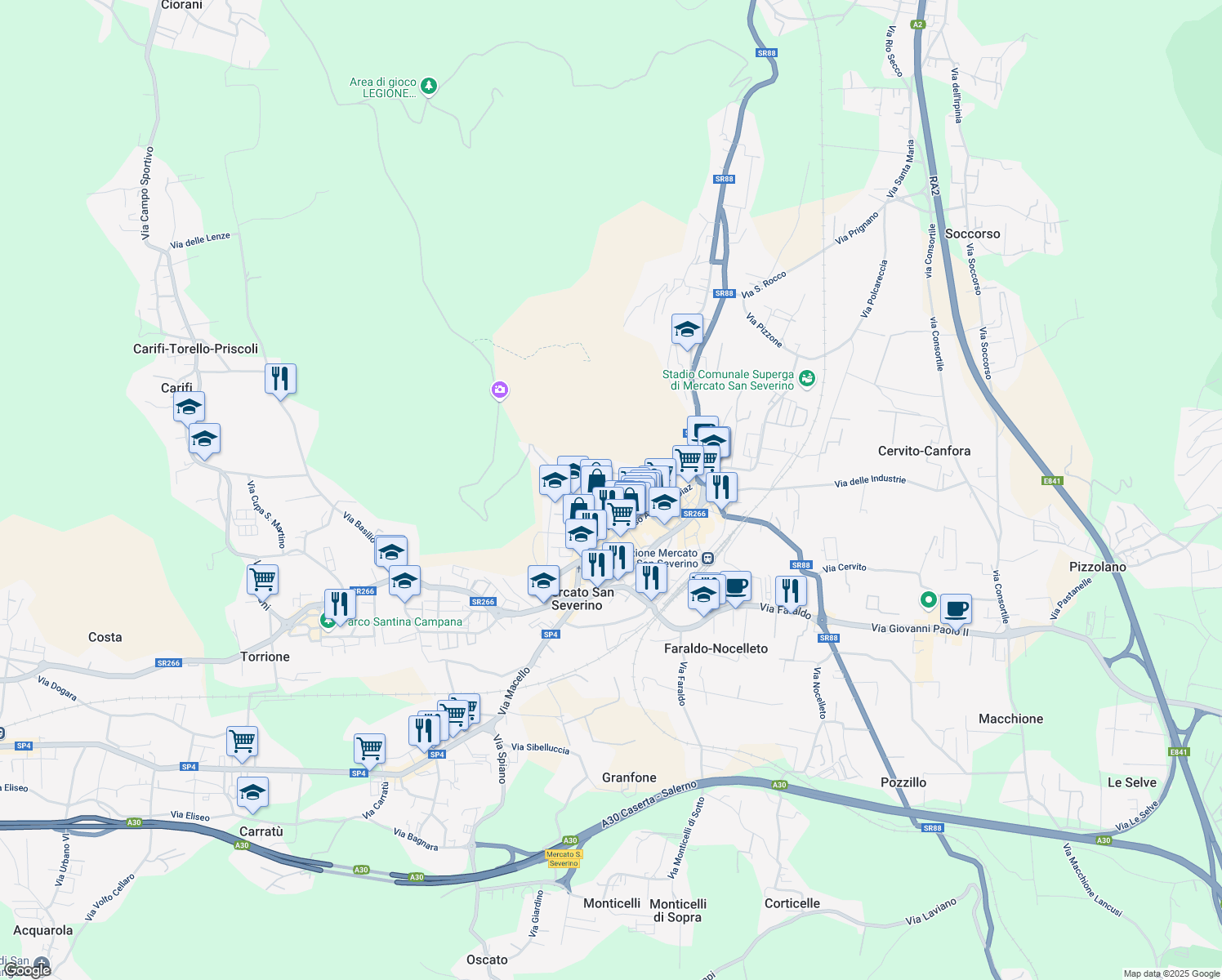 map of restaurants, bars, coffee shops, grocery stores, and more near 581 Via Municipio in Mercato San Severino
