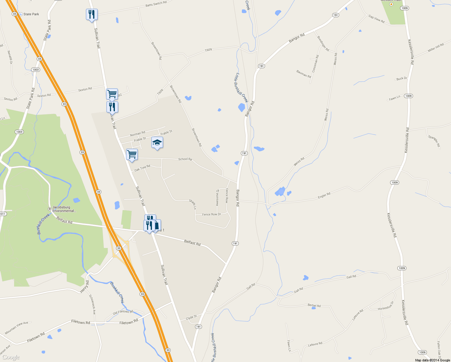 map of restaurants, bars, coffee shops, grocery stores, and more near 682 School Rd in Nazareth