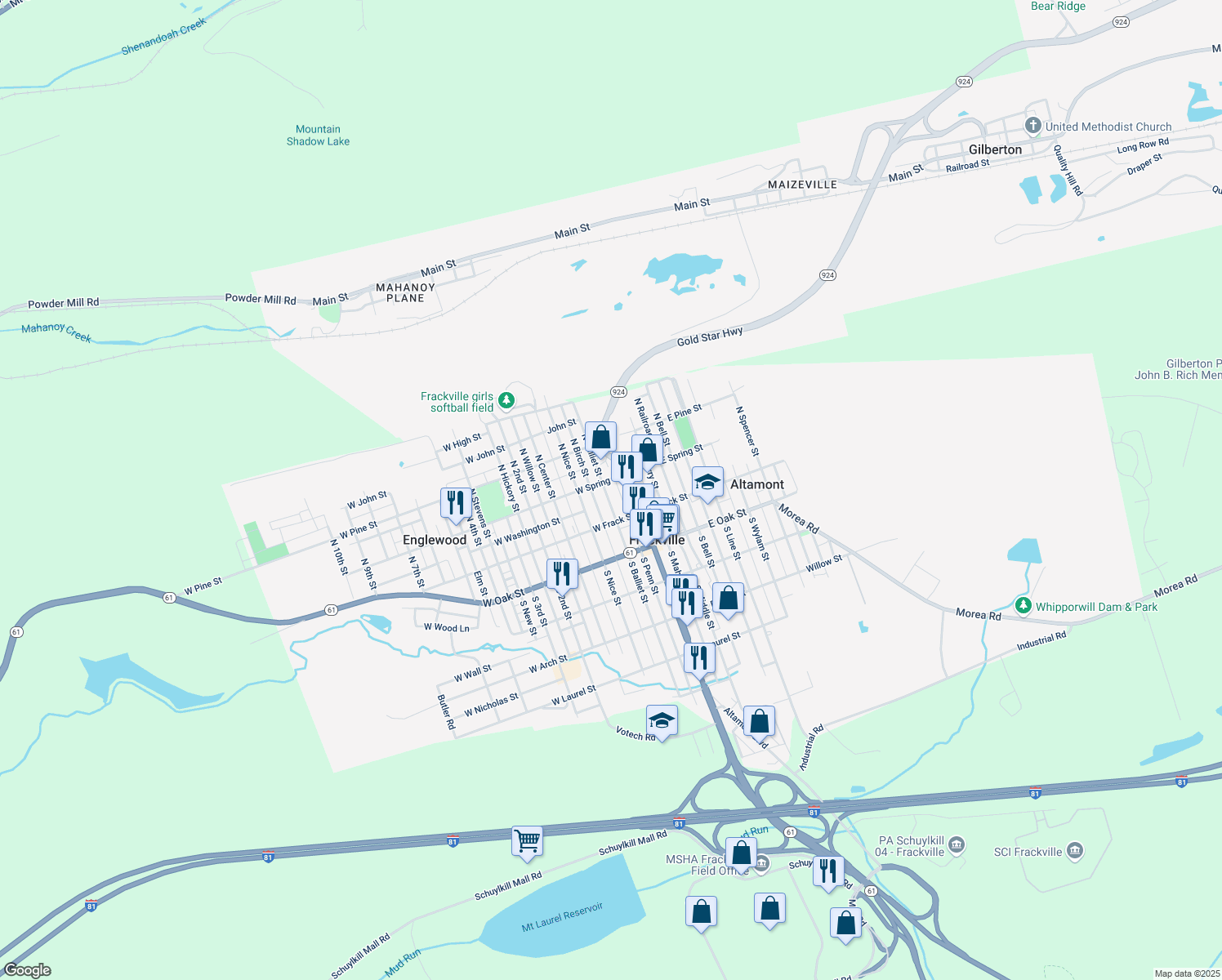 map of restaurants, bars, coffee shops, grocery stores, and more near 57 N Balliet St in Frackville