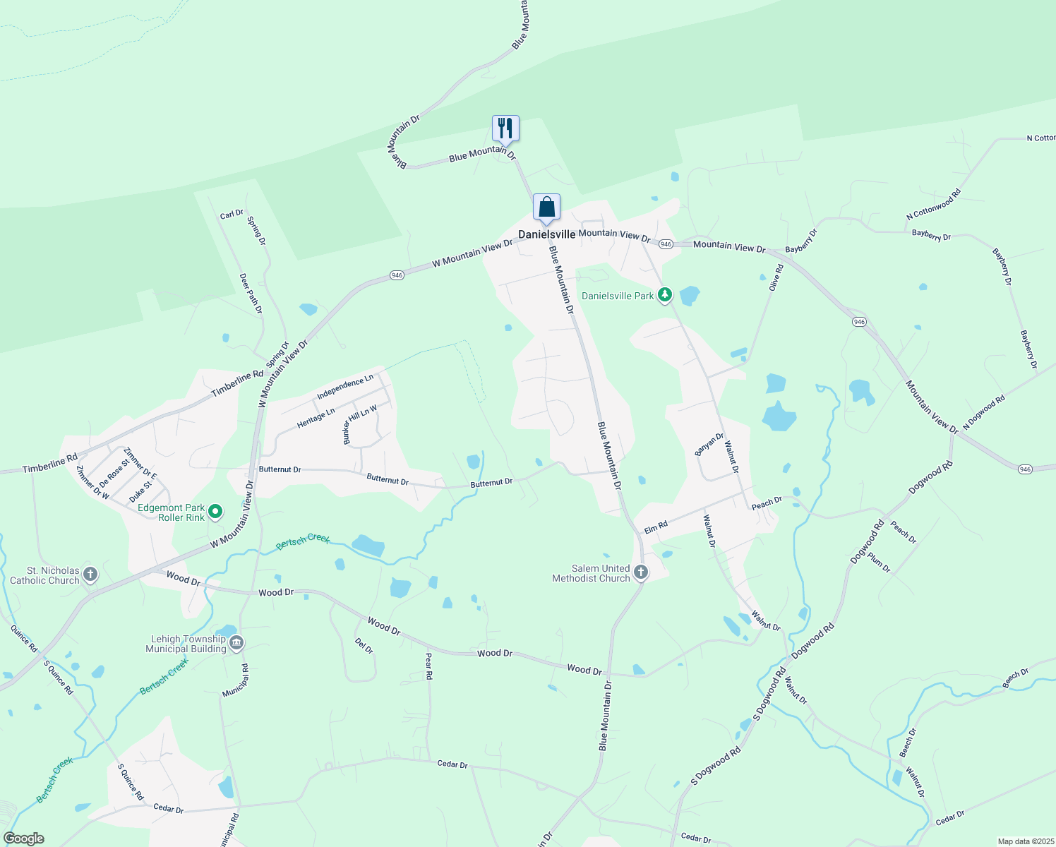 map of restaurants, bars, coffee shops, grocery stores, and more near 4027 Lucille Court in Danielsville