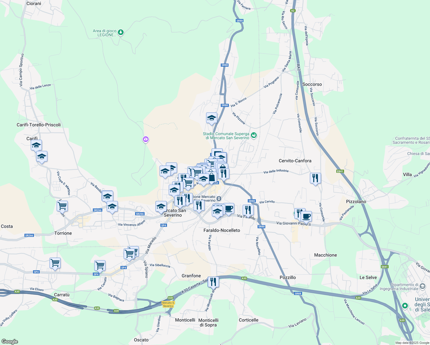 map of restaurants, bars, coffee shops, grocery stores, and more near 10 Via Parco in Mercato San Severino