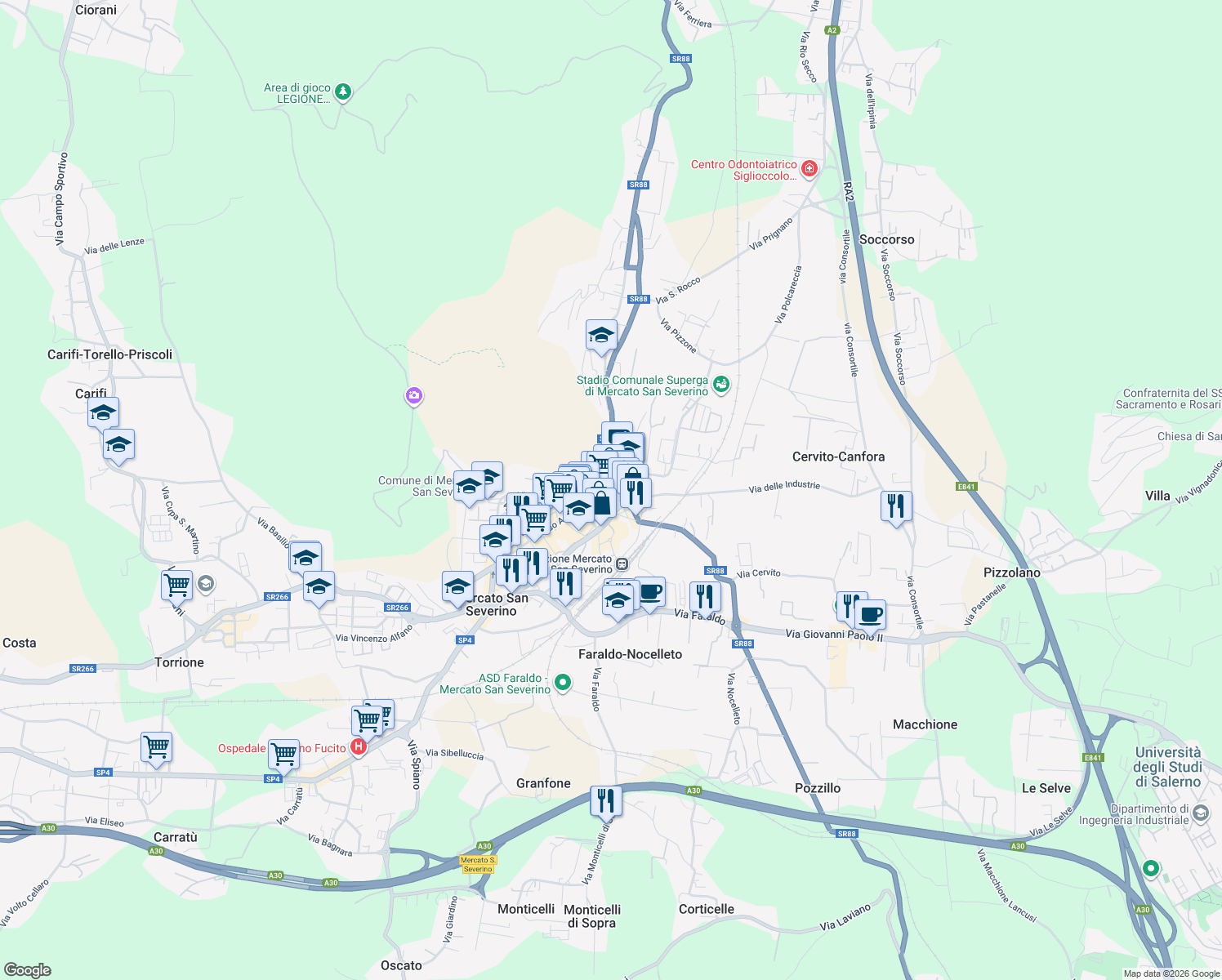 map of restaurants, bars, coffee shops, grocery stores, and more near 10 Via Parco in Mercato San Severino