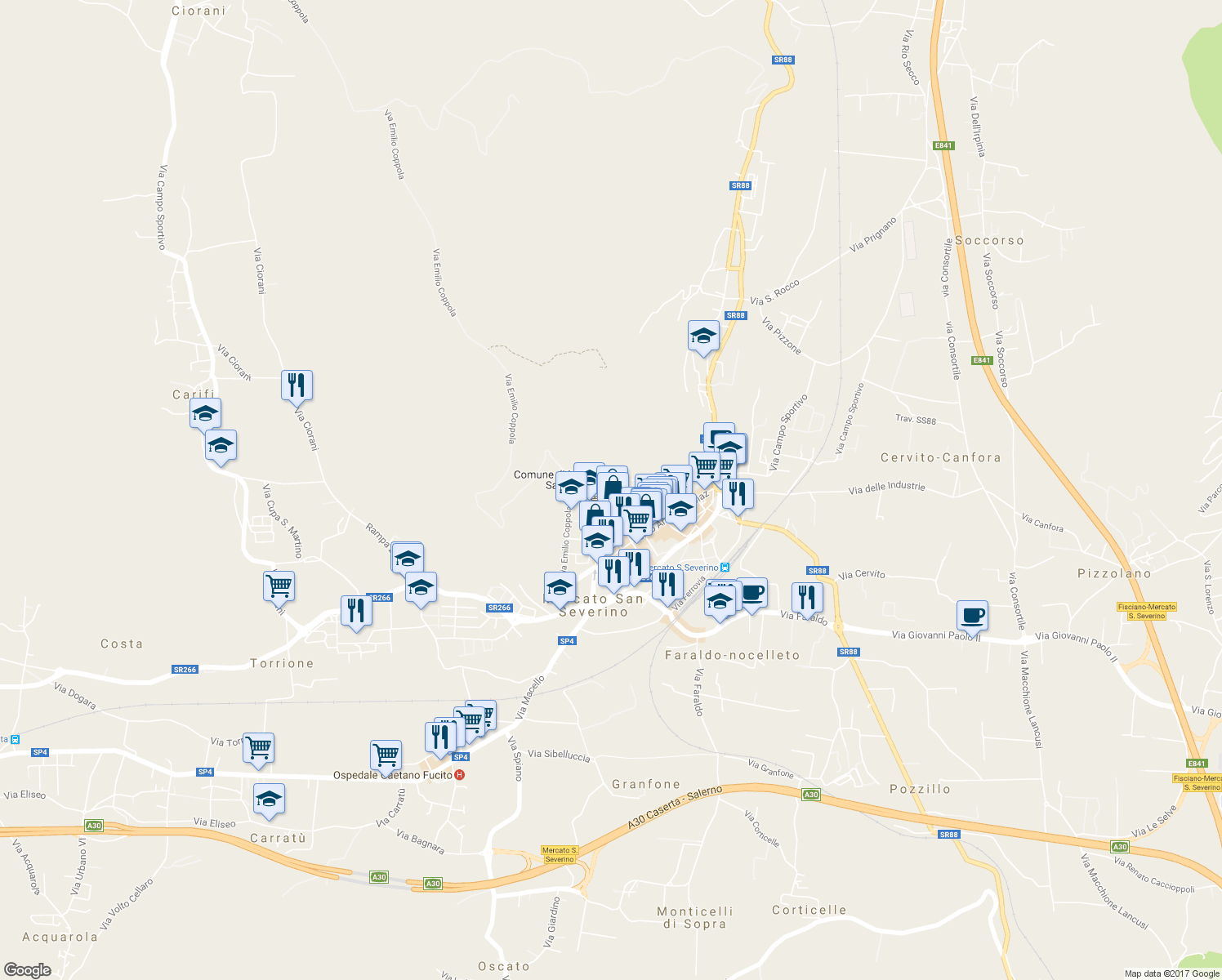 map of restaurants, bars, coffee shops, grocery stores, and more near 581 Via Municipio in Mercato San Severino